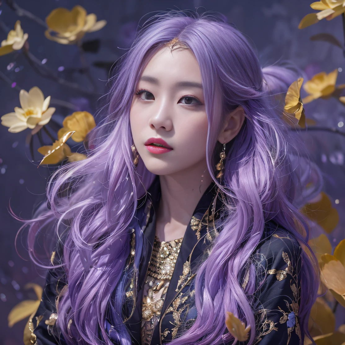 Genki Girl 32K（tmasterpiece，k hd，hyper HD，32K）Long flowing bright purple hair，Autumn Pond，zydink， a color， Asian people （Genki girl）， （Silk scarf）， Combat posture， looking at the ground， long whitr hair， Floating bright purple， Fire cloud pattern gold tiara， Chinese long-sleeved gold silk garment， （Abstract metaverse splash：1.2）， white backgrounid，Lotus vitality protector（realisticlying：1.4），Bright purple hair，Smoke on the road，The background is pure， A high resolution， the detail， RAW photogr， Sharp Re， Nikon D850 Film Stock Photo by Jefferies Lee 4 Kodak Portra 400 Camera F1.6 shots, Rich colors, ultra-realistic vivid textures, Dramatic lighting, Unreal Engine Art Station Trend, cinestir 800，A girl with long flowing bright purple hair