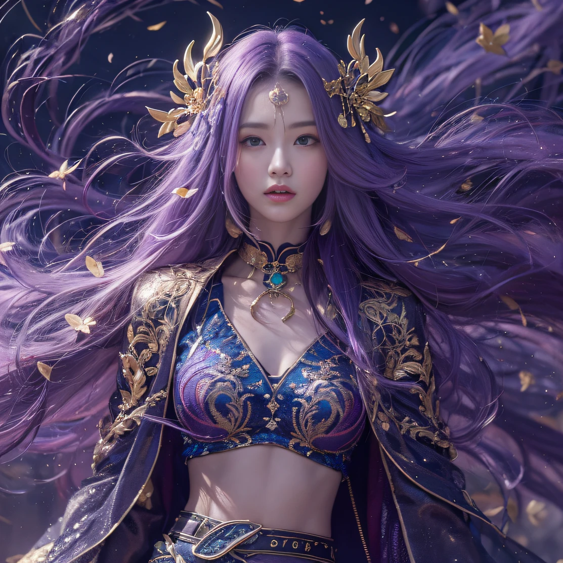 Genki Girl 32K(tmasterpiece,k hd,hyper HD,32K)Long flowing bright purple hair,Autumn Pond,zydink, a color, Asian people (Genki girl), (Silk scarf), Combat posture, looking at the ground, long whitr hair, Floating bright purple, Fire cloud pattern gold tiara, Chinese long-sleeved gold silk garment, (Abstract metaverse splash:1.2), white backgrounid,Lotus vitality protector(realisticlying:1.4),Bright purple hair,Smoke on the road,The background is pure, A high resolution, the detail, RAW photogr, Sharp Re, Nikon D850 Film Stock Photo by Jefferies Lee 4 Kodak Portra 400 Camera F1.6 shots, Rich colors, ultra-realistic vivid textures, Dramatic lighting, Unreal Engine Art Station Trend, cinestir 800,A girl with long flowing bright purple hair