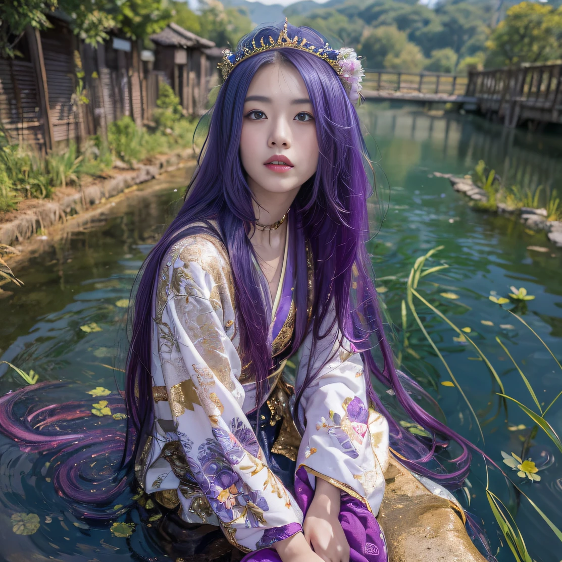 Genki Girl 32K(tmasterpiece,k hd,hyper HD,32K)Long flowing bright purple hair,Autumn Pond,zydink, a color, Asian people (Genki girl), (Silk scarf), Combat posture, looking at the ground, long whitr hair, Floating bright purple, Fire cloud pattern gold tiara, Chinese long-sleeved gold silk garment, (Abstract metaverse splash:1.2), white backgrounid,Lotus vitality protector(realisticlying:1.4),Bright purple hair,Smoke on the road,The background is pure, A high resolution, the detail, RAW photogr, Sharp Re, Nikon D850 Film Stock Photo by Jefferies Lee 4 Kodak Portra 400 Camera F1.6 shots, Rich colors, ultra-realistic vivid textures, Dramatic lighting, Unreal Engine Art Station Trend, cinestir 800,A girl with long flowing bright purple hair