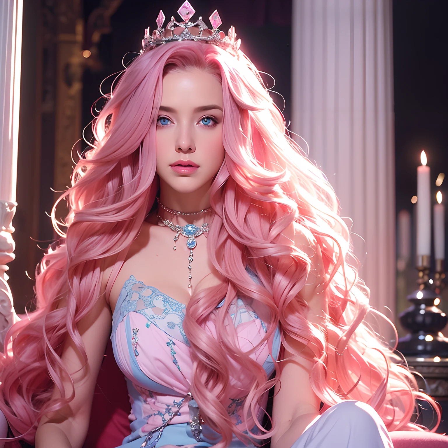 A woman, long curly hair, pink hair, blue eyes, elf, sitting on the throne, queen, crown