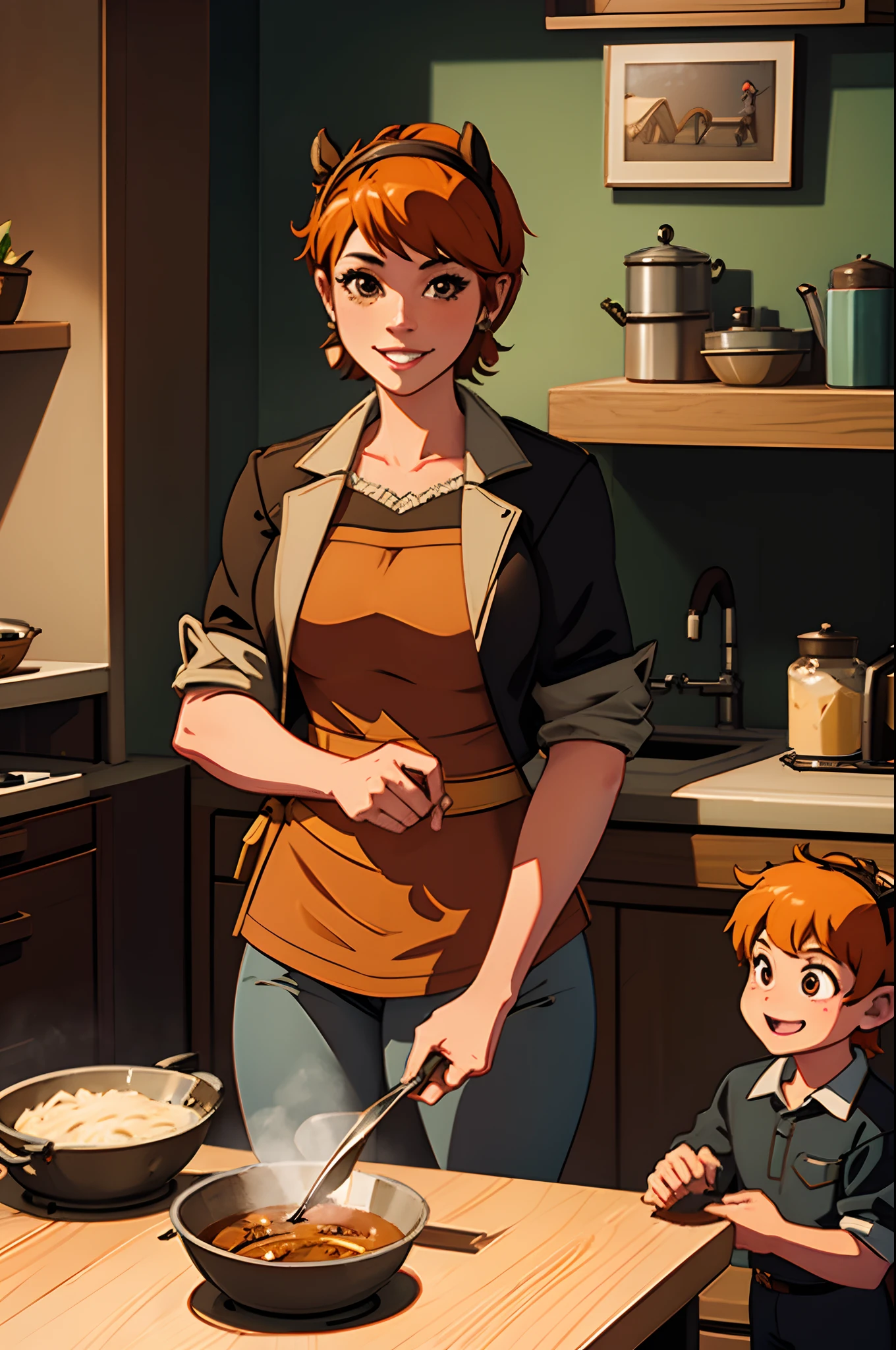 sgv1, 1girl, cowboy shot, volumetric lighting, looking at viewer, brown eyes, smile,house wife, motherly, mother and son, children in house, cooking