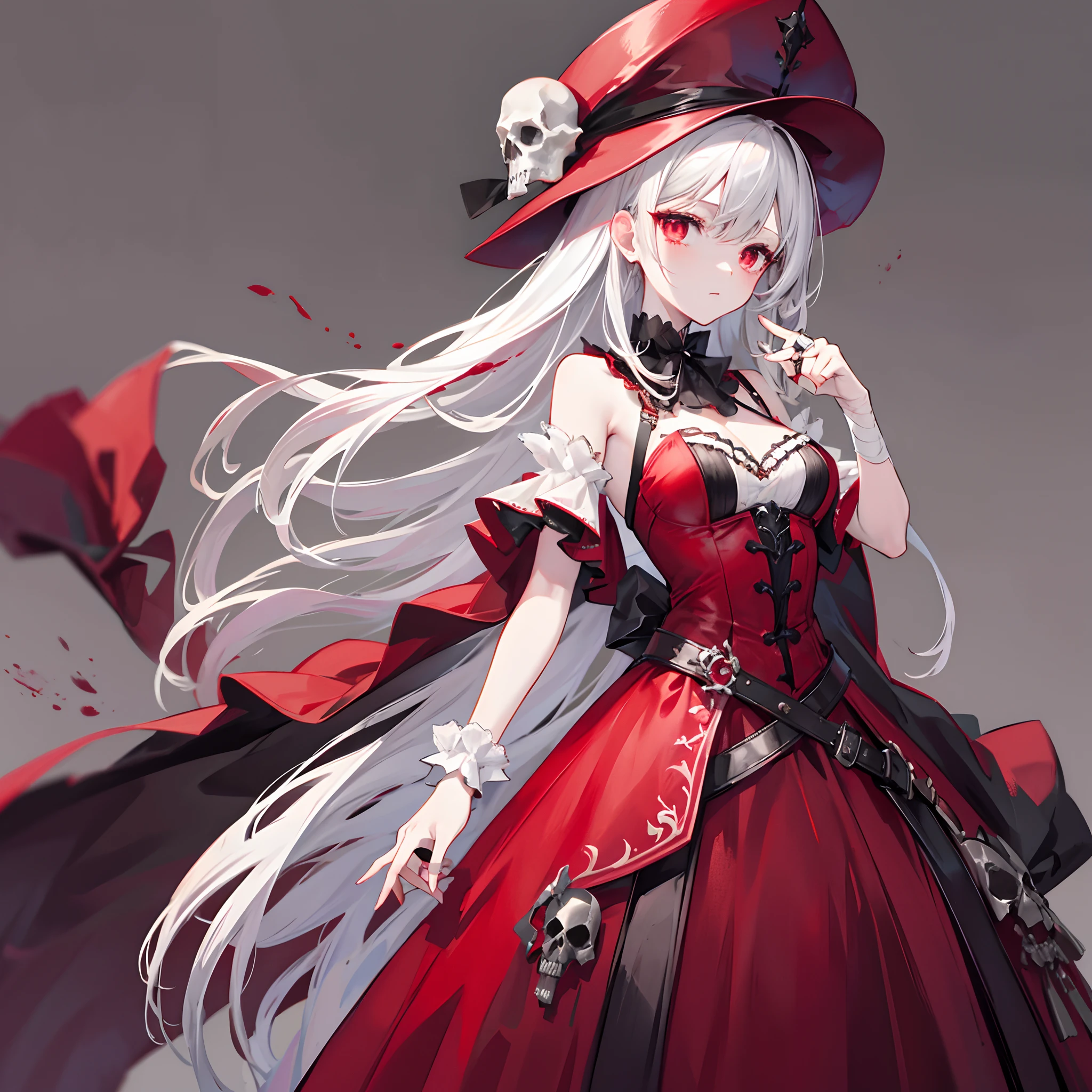 Expressionless，full boody,standing,D cup, red Victorian style dress, red gothic hat, blood red eyes, blood tears, gray hair, bandage on the right hand, a skull ring on the ring finger of the left hand, blank background, simple background