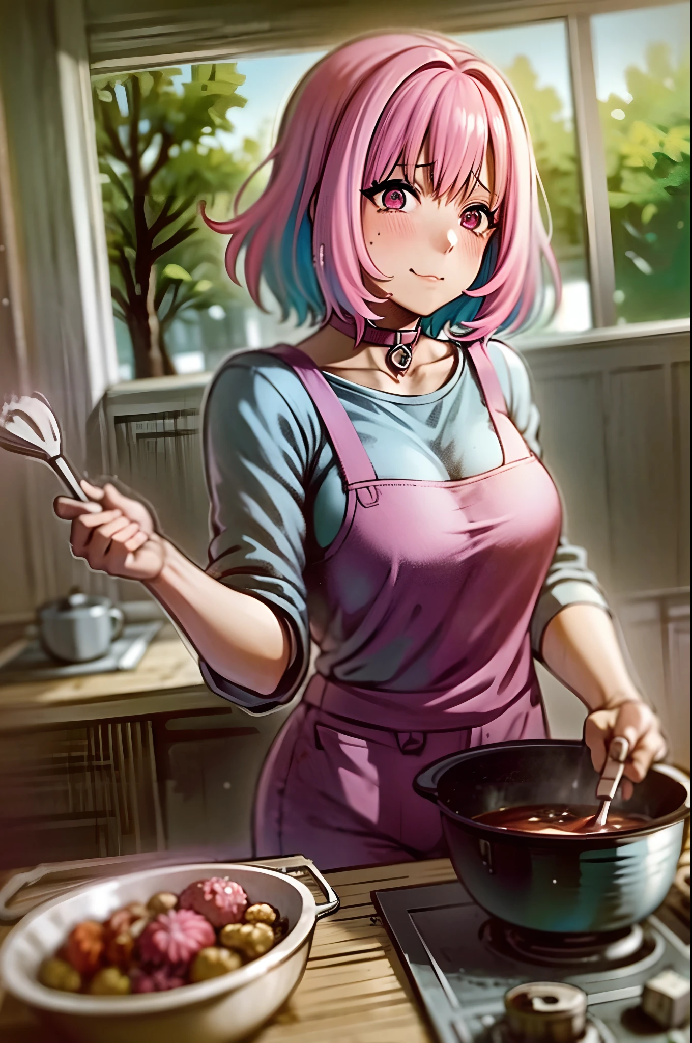 (anime art, anime styling, studio anime, very detailled, updated, Vibrant, anime coloring, hight contrast, work of art:1.2, best qualityer, better aesthetics),2 girl, Medium chest, A glimpse of the thighs,random hair, One eye is hidden by the bangs, perfect proportions, high detail skin, cute, detailed faces,kitchen, Precise Fingers,cooking,Apron on naked body,