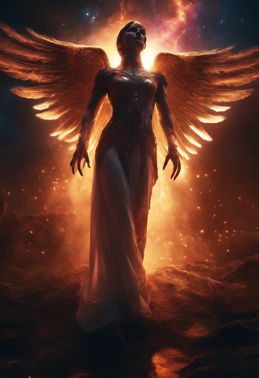 Cosmic Fallen Angel, glowing light eyes, Biomechanical, eerie, Creepy, nightmarish, Very bright colors, Light particles, with light glowing, Mshiff, wallpaper art, UHD wallpaper