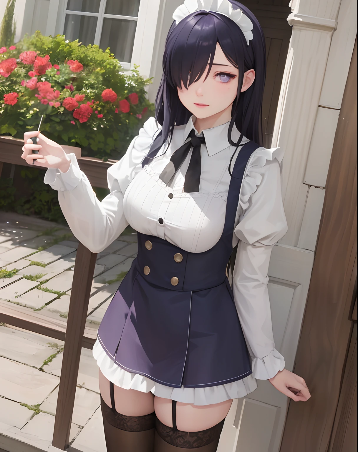masterpiece, best quality, ultra-detailed, illustration, epic lighting, cinematic composition, colorful, sharp:1.3, 1girl, medium dark blue hair, (hair over one eye:1.3), eyes_visible_through_hair, purple eyes, roswaal_mansion_maid_uniform, apron, white thighhighs, garter straps, standing, upper body, outdoors, mansion, summer, garden, flowers, trees, grass, bushes, sunlight, (extremely detailed CG:1.2), (8k:1.1),