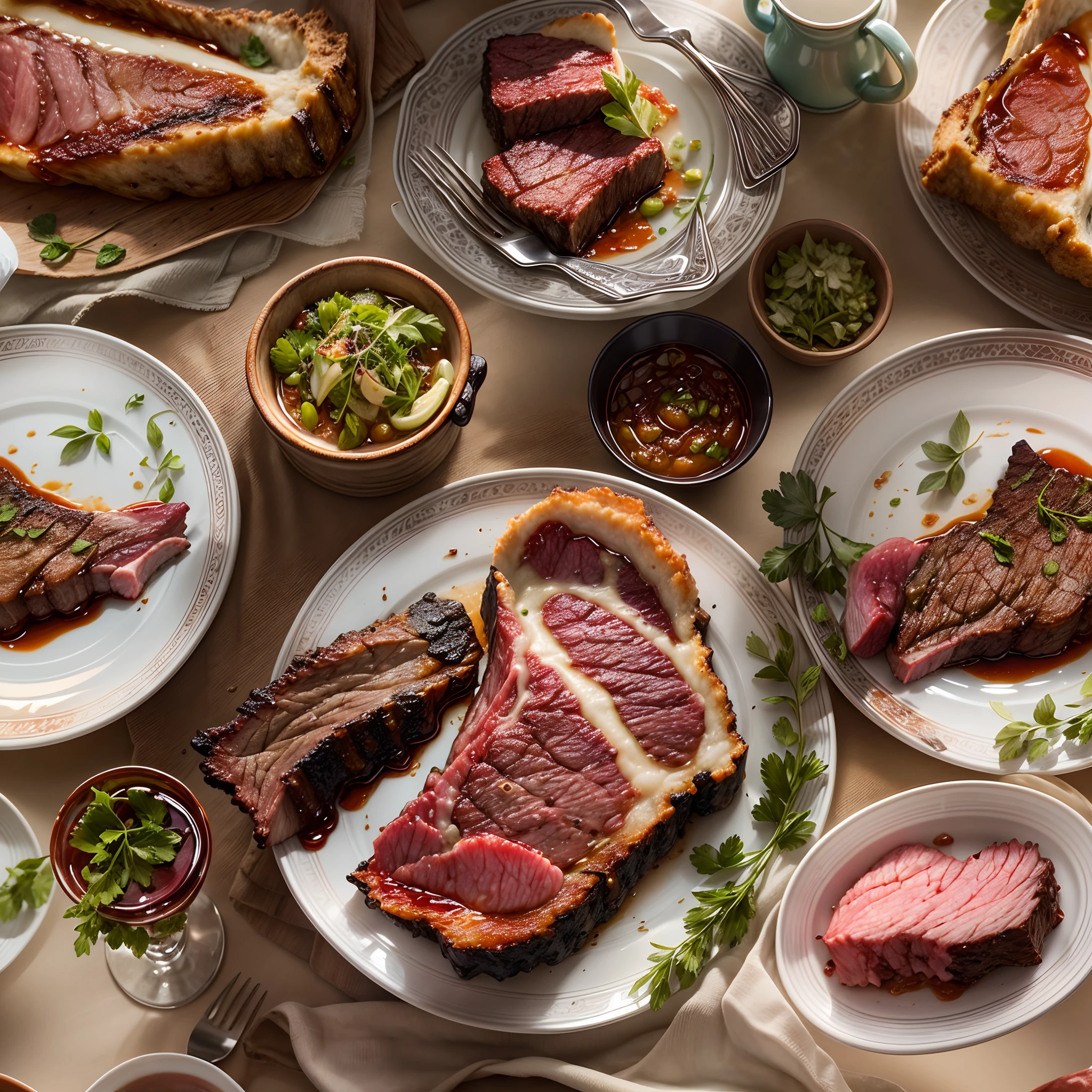 n this image, the beef rib takes center stage. It's cooked to perfection, with a gorgeous sear on the outside that showcases its rich, caramelized crust. The meat is cut to reveal the perfect medium-rare interior, displaying a vibrant and juicy pinkish-red hue.

The plate itself is a work of art, complementing the dish's elegance. It's made of fine porcelain or ceramic, and its design is both modern and minimalist, allowing the beef rib to shine. Perhaps there's a subtle, decorative rim or pattern on the plate's edge, adding a touch of sophistication.

The lighting is soft and diffused, casting a gentle glow on the meat and the plate, creating an inviting and appetizing ambiance. There might be a slight sheen on the surface of the meat, emphasizing its succulence.

For added visual interest, you could include a small garnish nearby, like a sprig of fresh herbs or a drizzle of au jus sauce. These elements not only enhance the aesthetics but also hint at the delightful flavors waiting to be savored.

This photograph captures the essence of culinary artistry, showcasing the beauty of a rare-cooked beef rib in a way that's both visually captivating and tempting to the taste buds.