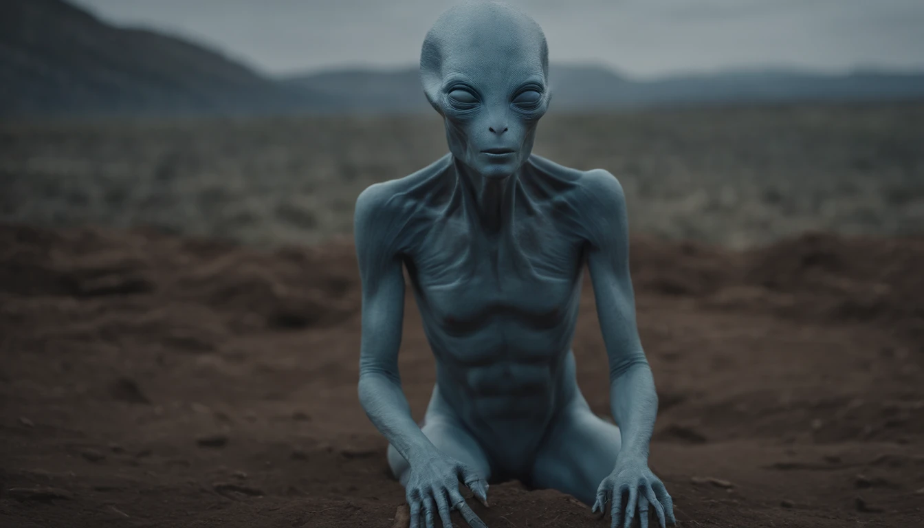 Ethereal alien creature with bluish-gray skin,中景 the scene is,cuerpo completo como,VFX surrealista altamente detallado 16K,OC renderizado,Disparo con 70 mm - AR 16:9 --q 2 --s 1000. Cinnamatographic lighting, en el campo, a 50 metros nave espacial posada, On with small lights