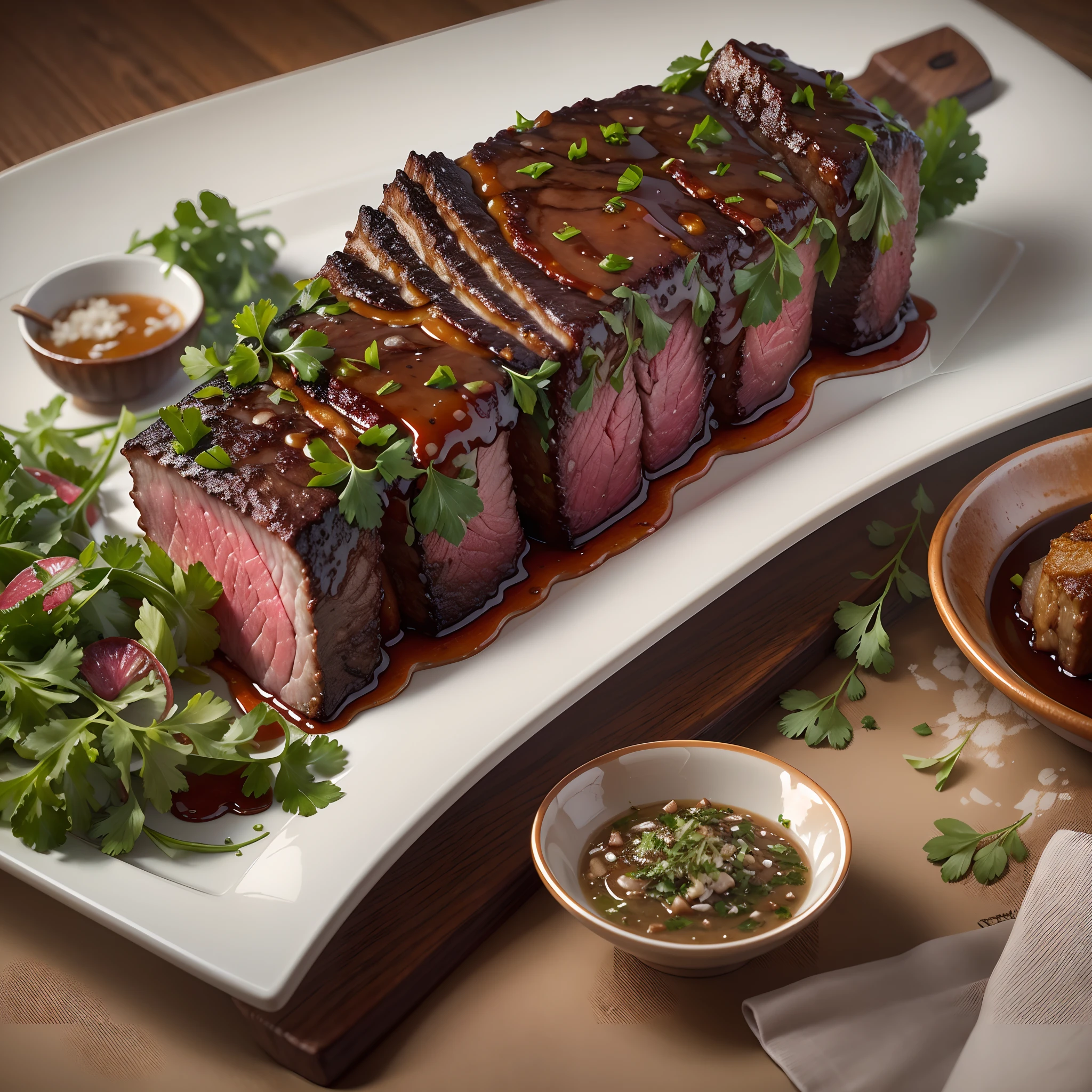 n this image, the beef rib takes center stage. It's cooked to perfection, with a gorgeous sear on the outside that showcases its rich, caramelized crust. The meat is cut to reveal the perfect medium-rare interior, displaying a vibrant and juicy pinkish-red hue.

The plate itself is a work of art, complementing the dish's elegance. It's made of fine porcelain or ceramic, and its design is both modern and minimalist, allowing the beef rib to shine. Perhaps there's a subtle, decorative rim or pattern on the plate's edge, adding a touch of sophistication.

The lighting is soft and diffused, casting a gentle glow on the meat and the plate, creating an inviting and appetizing ambiance. There might be a slight sheen on the surface of the meat, emphasizing its succulence.

For added visual interest, you could include a small garnish nearby, like a sprig of fresh herbs or a drizzle of au jus sauce. These elements not only enhance the aesthetics but also hint at the delightful flavors waiting to be savored.

This photograph captures the essence of culinary artistry, showcasing the beauty of a rare-cooked beef rib in a way that's both visually captivating and tempting to the taste buds.