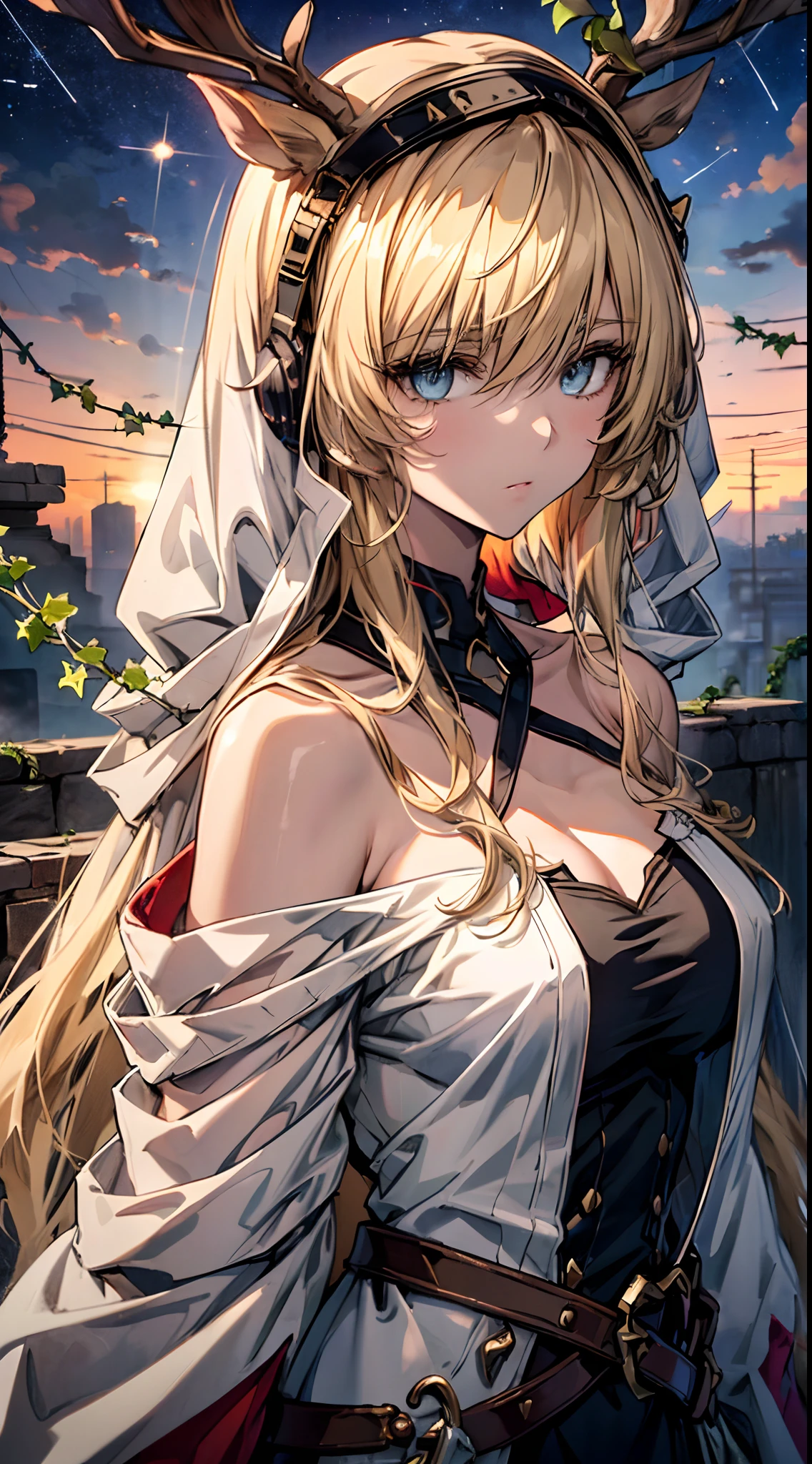 1girl, arcueid brunestud, solo, breasts, long hair, blonde hair, red eyes, cleavage, large breasts, dress, bare shoulders, detached sleeves, very long hair, arcueid, (best quality,4k,8k,highres,masterpiece:1.2),ultra-detailed,(realistic,photorealistic,photo-realistic:1.37),intricate details, highly detailed face, beautiful detailed eyes, beautiful detailed lips, extremely detailed eyes and face, long eyelashes, hyper detailed, cinematic lighting, dramatic lighting, vibrant colors, soft lighting, warm color palette, detailed fabric textures