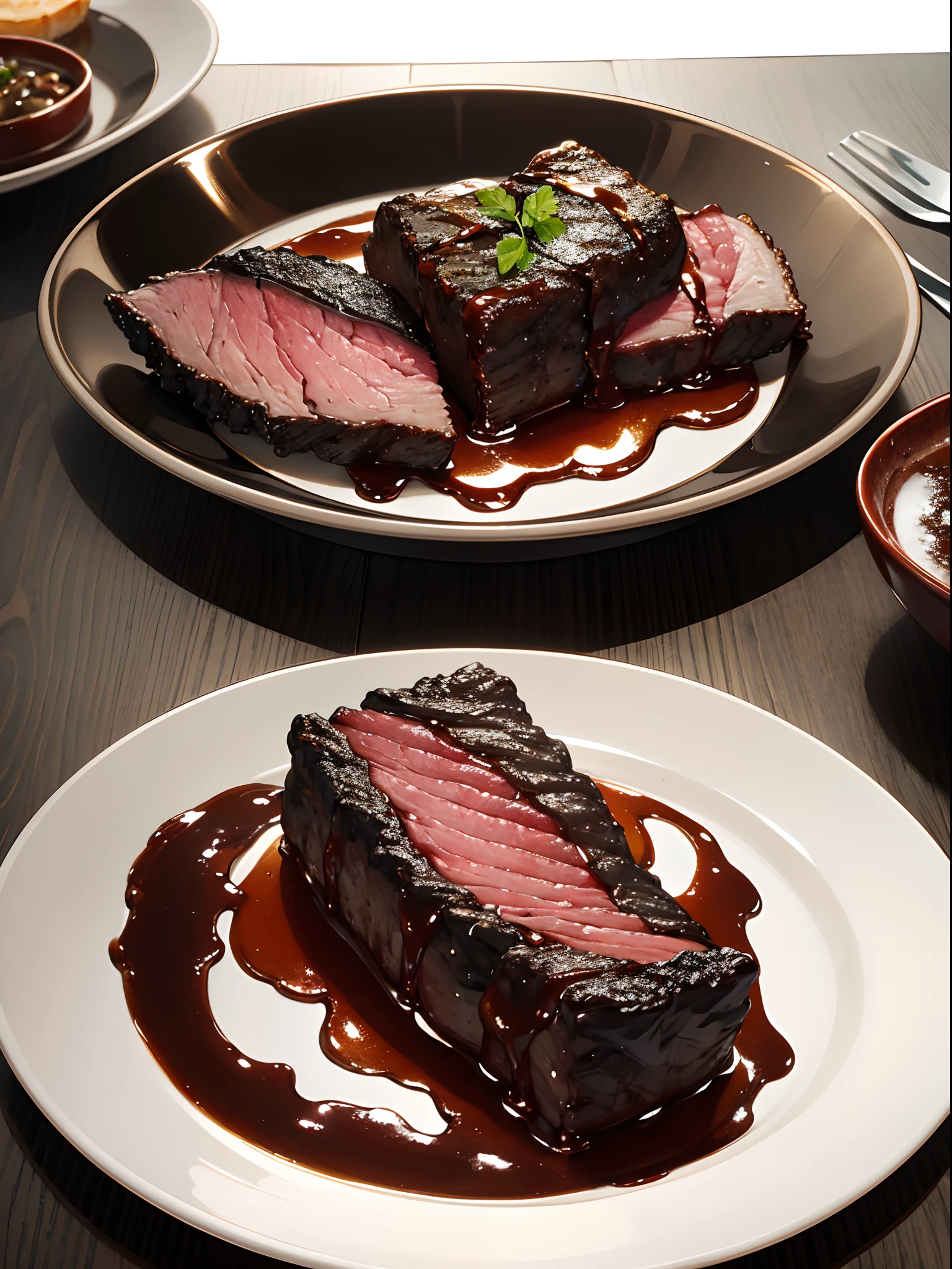 n this image, the beef rib takes center stage. It's cooked to perfection, with a gorgeous sear on the outside that showcases its rich, caramelized crust. The meat is cut to reveal the perfect medium-rare interior, displaying a vibrant and juicy pinkish-red hue.
The plate itself is a work of art, complementing the dish's elegance. It's made of fine porcelain or ceramic, and its design is both modern and minimalist, allowing the beef rib to shine. Perhaps there's a subtle, decorative rim or pattern on the plate's edge, adding a touch of sophistication.
The lighting is soft and diffused, casting a gentle glow on the meat and the plate, creating an inviting and appetizing ambiance. There might be a slight sheen on the surface of the meat, emphasizing its succulence.
For added visual interest, you could include a small garnish nearby, like a sprig of fresh herbs or a drizzle of au jus sauce. These elements not only enhance the aesthetics but also hint at the delightful flavors waiting to be savored.
This photograph captures the essence of culinary artistry, showcasing the beauty of a rare-cooked beef rib in a way that's both visually captivating and tempting to the taste buds.