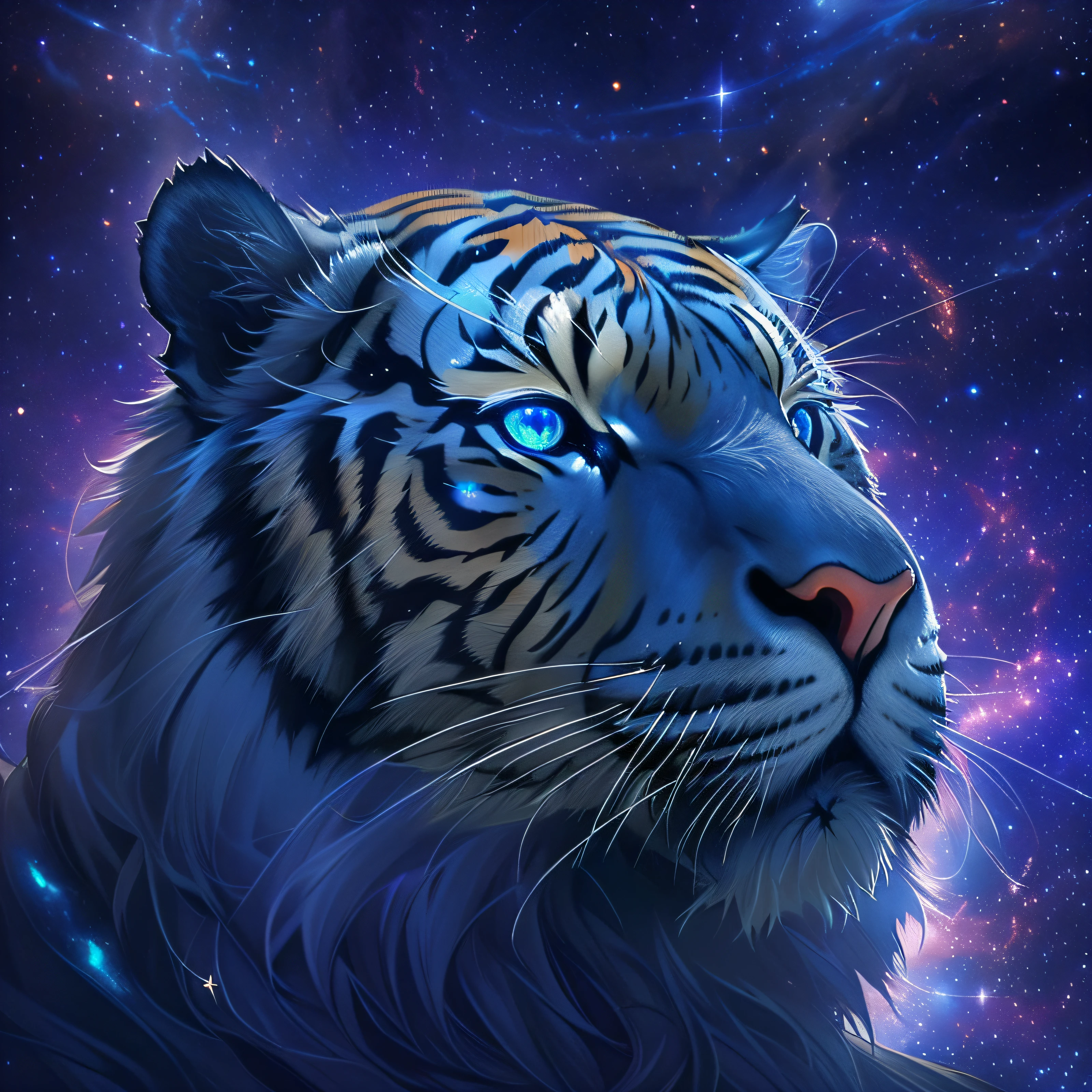Close up of tiger on purple and blue background,portrait of a cosmic entity,Strange portrait of lightning,In the starlight plane) ) ),Astral appearance,galactic dmt entity,Themes around Nebula Halos,Glowing black halo,cosmic entity,Galactic entity,galactic deity,Cosmic terrorist entities,quality astral projection render,Portrait of the cosmic god,astral ethereal