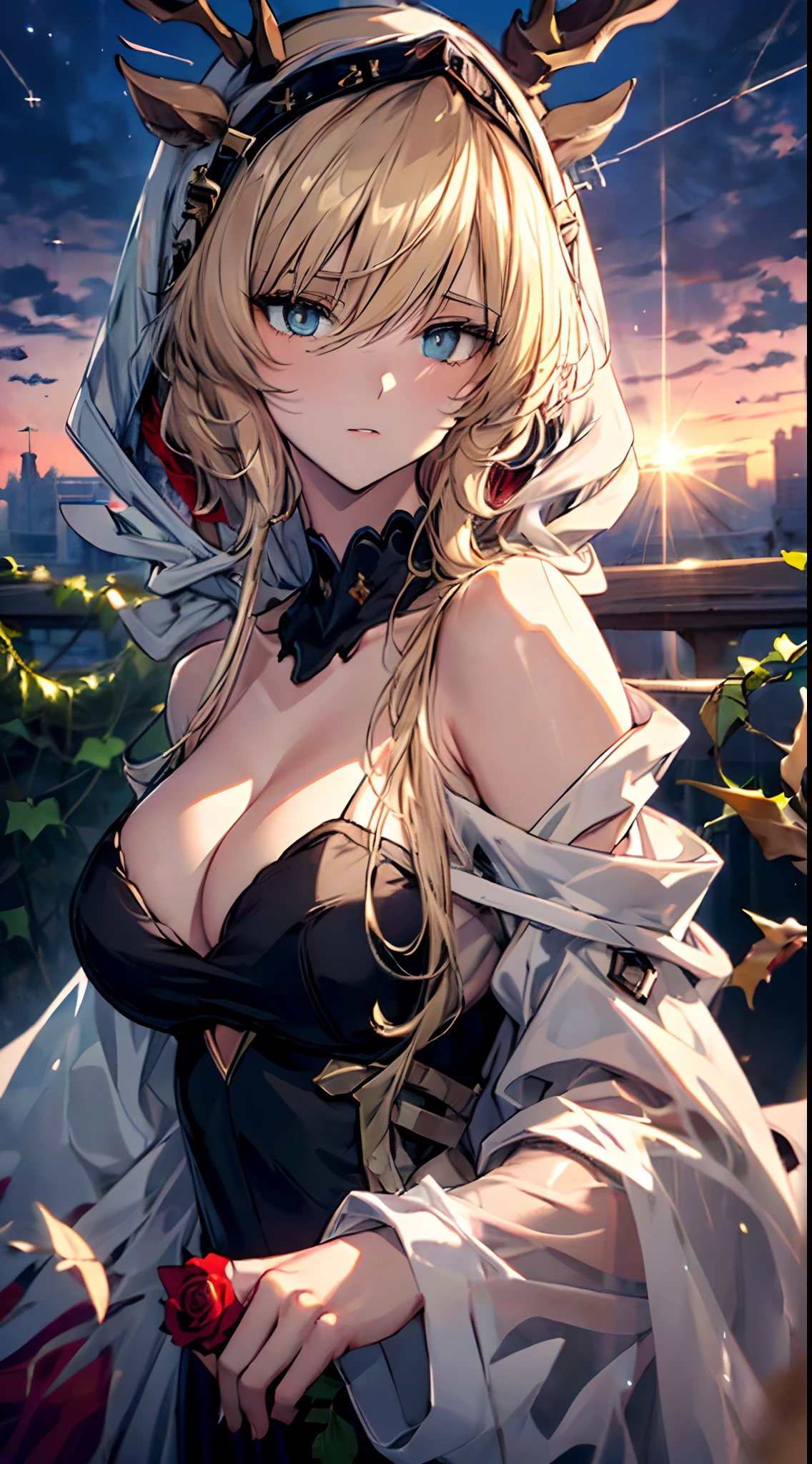 (((Masterpiece))),(incredibly_absurderes),(Best quality),(A high resolution),(Highly detailed),((CG unity 8k wallpaper)),(cool colours),(aquarelle),(an extremely delicate and beautiful lady),(20s),((domineering lady)),(Delicate face),(Beautiful detailed eyes),((Heterochromia_Red_Blue)),(Long_eyeslashes),Silver_Hair,(small_breast enhancement),(Disheveled hair),Long hair,hair between eye,(head gear),(black_Evening_dress),(Off_Shoulder),(Long sleeves),(sleeves past wrists),(golden decorations),elegant,((Melancholy)),(view the viewer),Upper body,focus onface,((Close up)),((delicate beautiful sky with cirrocumulus)),(Dark sky),(stars),(Cloudy),(cirrocumulus),((Stone ruins)),((vines)),((ivy)),(Blue roses),(dense fog),(Detailed background),(Dynamic Angle),((Ray)),(Ray tracing),toplight,(Cinematic light),(light bounce),(refined rendering),((Tyndall effect)),(Depth of field),aaaaaaaaaax