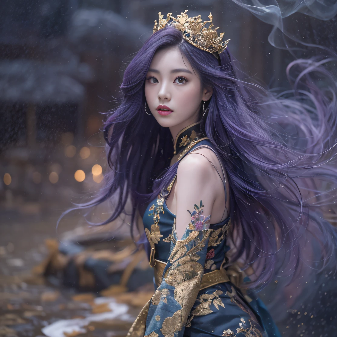 Genki Girl 32K（tmasterpiece，k hd，hyper HD，32K）Long flowing bright purple hair，Autumn Pond，zydink， a color， Asian people （Genki girl）， （Silk scarf）， Combat posture， looking at the ground， long whitr hair， Floating bright purple， Fire cloud pattern gold tiara， Chinese long-sleeved gold silk garment， （Abstract metaverse splash：1.2）， white backgrounid，Lotus vitality protector（realisticlying：1.4），Bright purple hair，Smoke on the road，The background is pure， A high resolution， the detail， RAW photogr， Sharp Re， Nikon D850 Film Stock Photo by Jefferies Lee 4 Kodak Portra 400 Camera F1.6 shots, Rich colors, ultra-realistic vivid textures, Dramatic lighting, Unreal Engine Art Station Trend, cinestir 800，A girl with long flowing bright purple hair
