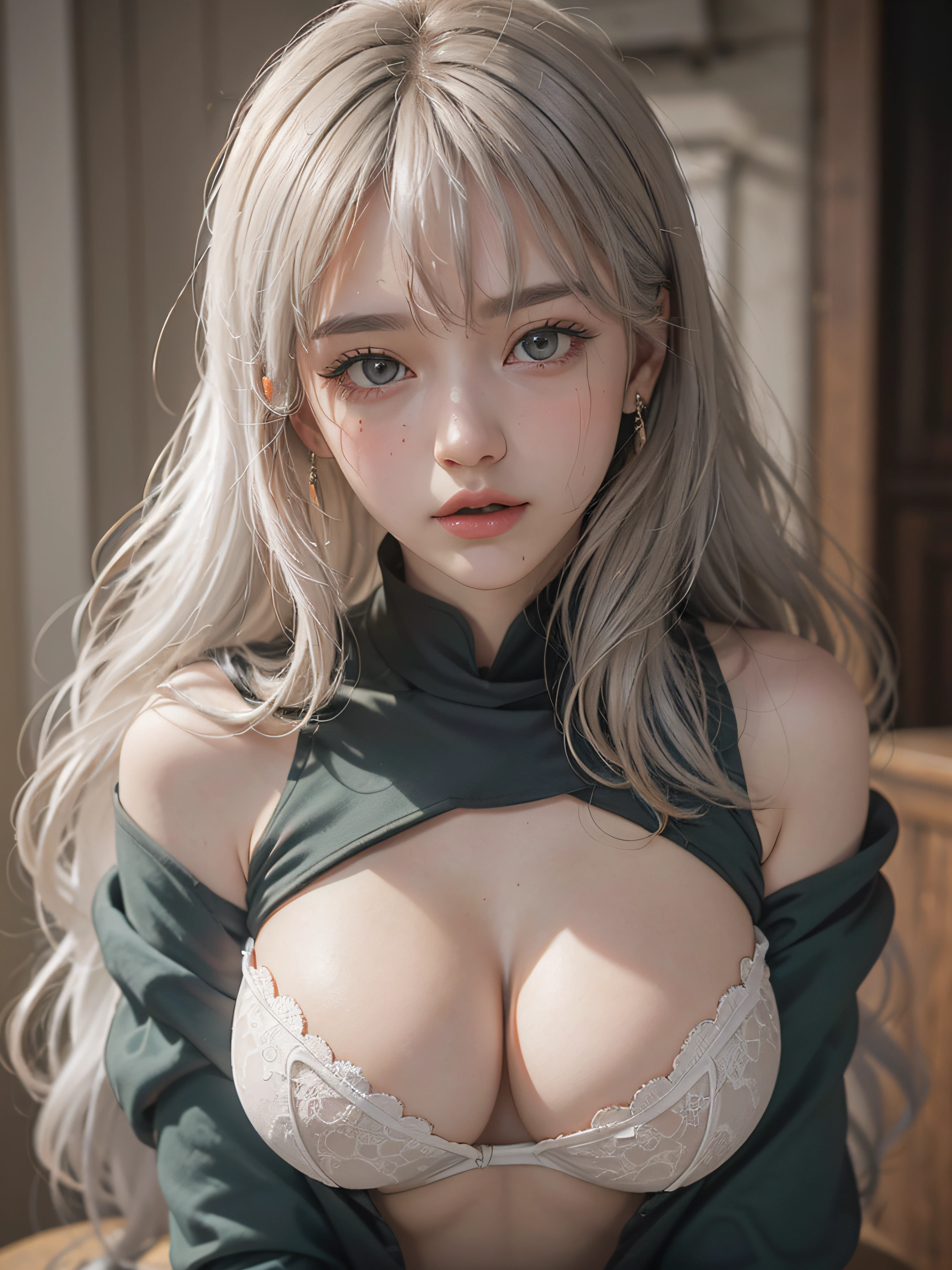 (masutepiece: 1.3), (max resolution: 1.2), (Ultra HDTV: 1.2), cinematric light, 8K resolution, Detailed eyes and skin, detailed facial features, , (Sharp Focus: 1.2), (Focus on Face:1.2),Perfect Style, Beautiful face, acurate, Anatomically correct, Highly detailed face and skin texture, Detailed eyes, Double eyelids, Thin eyebrows, eye liner、Natural cheeks, Glossy skin, Fair skin: 1.2, (Glossy lips: 1.4),、 (Shy look: 1.2),Highly detailed facial and skin texture, Detailed eyes, Double eyelids, Natural cheeks, , shiny lips: 1.4,Exposed cleavage、(A large amount of sperm in the chest:1.4)(Large amount of sperm in the thighs:1.2)、 red blush、humiliated、impatience、dismay、Frightened、glares、Sexually arousal、Provocation、embarrassed from、Open knees、open one's legs、(Masturbation behavior:1.6)、touches crotch、White underwear、White bra、Shiny little earrings and necklaces、、Disheveled clothes、Dressing、Exposed panties、Wearing sweat、sodden、Sheer underwear、Full body like、 20yr old、 Neat and clean woman 、Wavy Hair、 Semi-long hair, Big, upturned breasts、in woods 、White-silver hair、Green ash eye,(Monastic uniforms:1.7)、breasts veins、