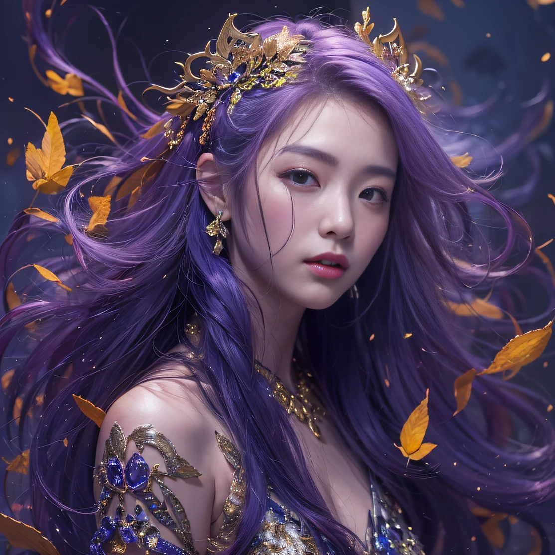 Genki Girl 32K(tmasterpiece,k hd,hyper HD,32K)Long flowing bright purple hair,Autumn Pond,zydink, a color, Asian people (Genki girl), (Silk scarf), Combat posture, looking at the ground, long whitr hair, Floating bright purple, Fire cloud pattern gold tiara, Chinese long-sleeved gold silk garment, (Abstract metaverse splash:1.2), white backgrounid,Lotus vitality protector(realisticlying:1.4),Bright purple hair,Smoke on the road,The background is pure, A high resolution, the detail, RAW photogr, Sharp Re, Nikon D850 Film Stock Photo by Jefferies Lee 4 Kodak Portra 400 Camera F1.6 shots, Rich colors, ultra-realistic vivid textures, Dramatic lighting, Unreal Engine Art Station Trend, cinestir 800,A girl with long flowing bright purple hair