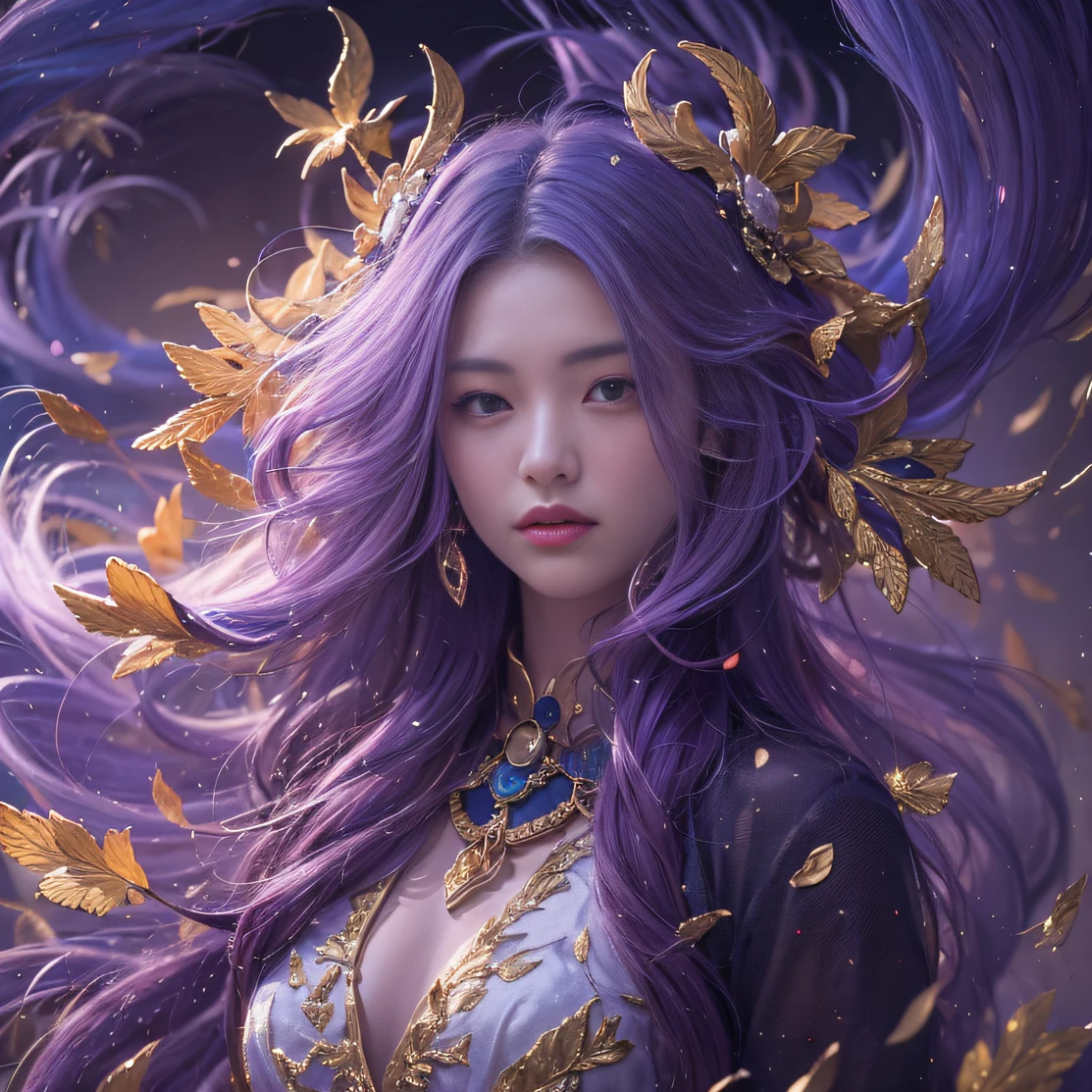Genki Girl 32K（tmasterpiece，k hd，hyper HD，32K）Long flowing bright purple hair，Autumn Pond，zydink， a color， Asian people （Genki girl）， （Silk scarf）， Combat posture， looking at the ground， long whitr hair， Floating bright purple， Fire cloud pattern gold tiara， Chinese long-sleeved gold silk garment， （Abstract metaverse splash：1.2）， white backgrounid，Lotus vitality protector（realisticlying：1.4），Bright purple hair，Smoke on the road，The background is pure， A high resolution， the detail， RAW photogr， Sharp Re， Nikon D850 Film Stock Photo by Jefferies Lee 4 Kodak Portra 400 Camera F1.6 shots, Rich colors, ultra-realistic vivid textures, Dramatic lighting, Unreal Engine Art Station Trend, cinestir 800，A girl with long flowing bright purple hair