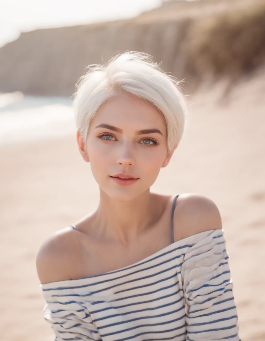 Coastal beauty, 1 Girl in attractive nautical clothes, (short white hair), striped shirt, (Bright eyes, sun-kissed skin, carefree expression), Sandy beach background, lighthouse, gentle sea breeze, playful pose, dynamic compositions, Golden Hour Lighting, Blurred background, Rich colors, Fine details, hyper realisitic, 50mm Lens, relax vibe. a portrait photo of, 35mm Film, natural blurry
