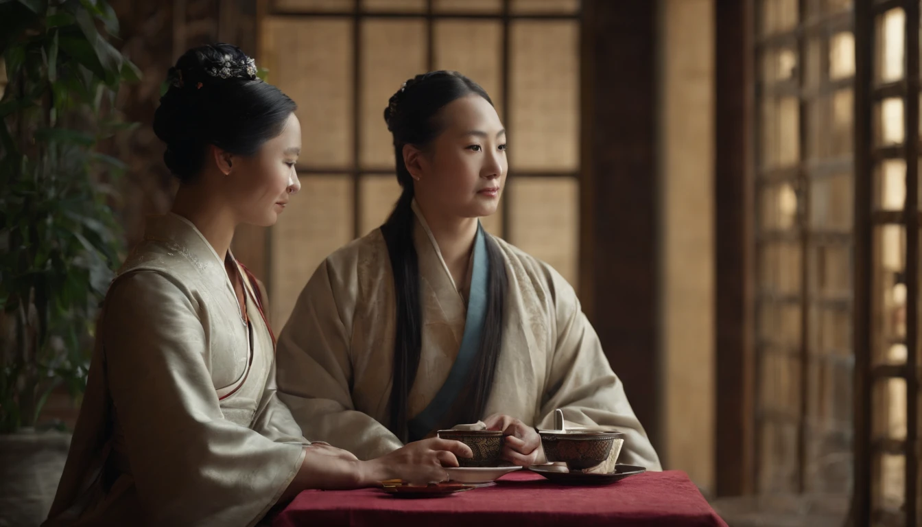 White-bearded man sitting at the table Young girl drinking tea opposite the Chinese building Hanfu girl Hanfu old man pouring tea Amazing art style Chinese beautiful girl sitting The best quality masterpiece Ultra high resolution Facial details Luxury skirt Hanfu Cool white leather