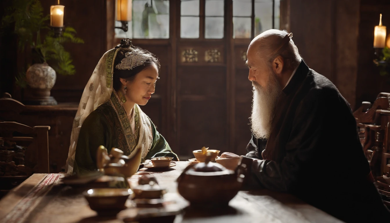 White-bearded man sitting at the table Young girl drinking tea opposite the Chinese building Hanfu girl Hanfu old man pouring tea Amazing art style Chinese beautiful girl sitting The best quality masterpiece Ultra high resolution Facial details Luxury skirt Hanfu Cool white leather