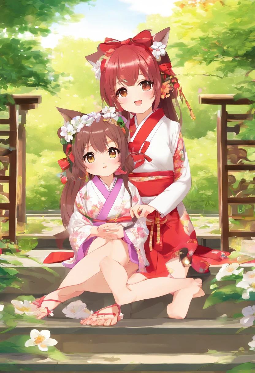 ((masutepiece,Best Quality)),Outdoors, Red torii gate, tree,  stairs,, 2girls, shrine maiden,shrine maiden, Looking at Viewer, Looking back,, red legwear, Red Ribbon, Black hair,cherryblossom, day, flower, Hair bun, Hair Ribbon, komono, Kimono, Long hair, Cat ears, Small flowers，, Multiple girls,  Red Eyes, Red hair, bow ribbon, Sandals, Single hair bun, Standing,Clog sandals,White kimono, Yellow eyes,spark of light,thighs thighs thighs thighs,