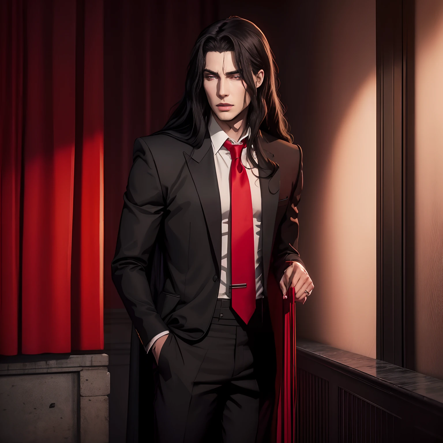 young man, long black hair, black suit, ((Red tie)), red eyes, face, handsome, 1man, seductive