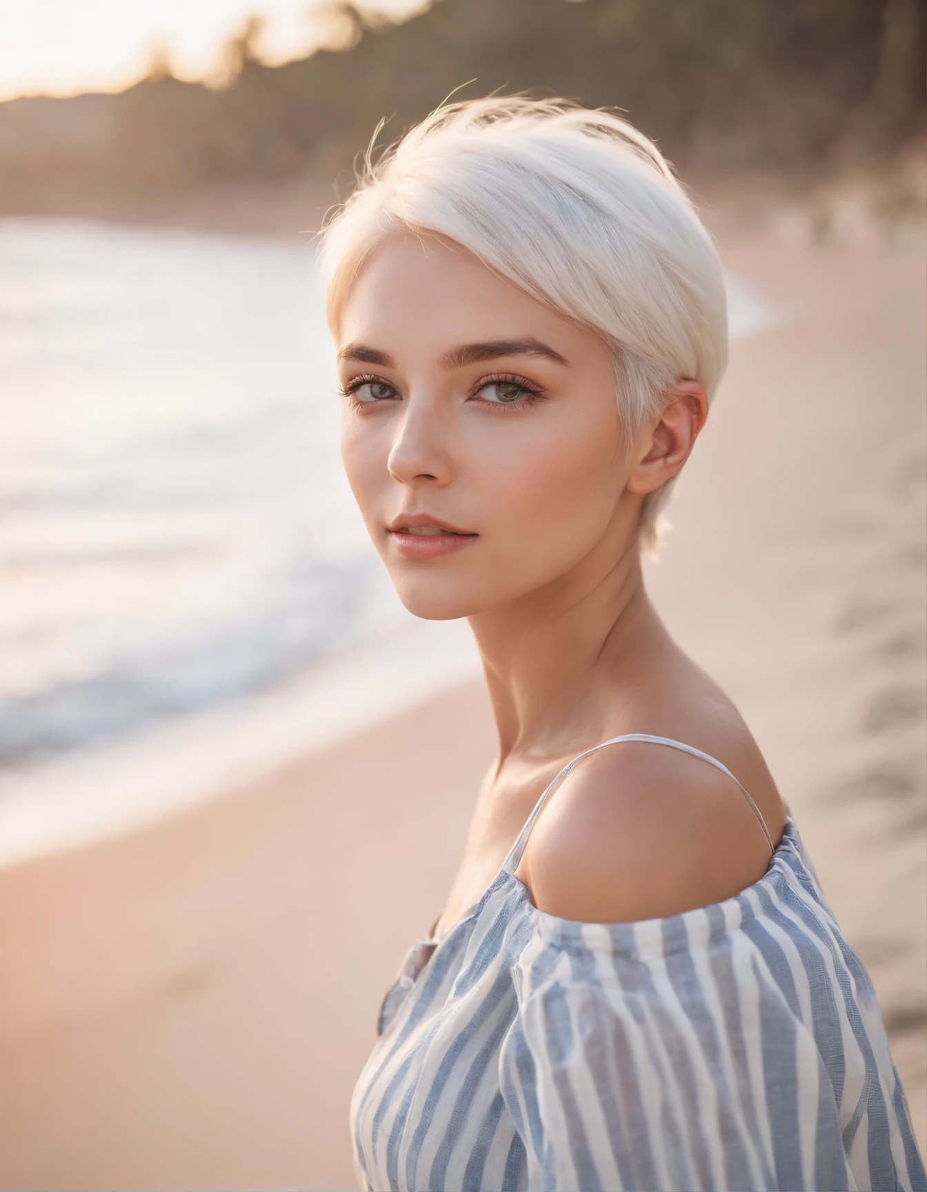 Coastal beauty, 1 Girl in attractive nautical clothes, (short white hair), striped shirt, (Bright eyes, sun-kissed skin, carefree expression), Sandy beach background, lighthouse, gentle sea breeze, playful pose, dynamic compositions, Golden Hour Lighting, Blurred background, Rich colors, Fine details, hyper realisitic, 50mm Lens, relax vibe. a portrait photo of, 35mm Film, natural blurry