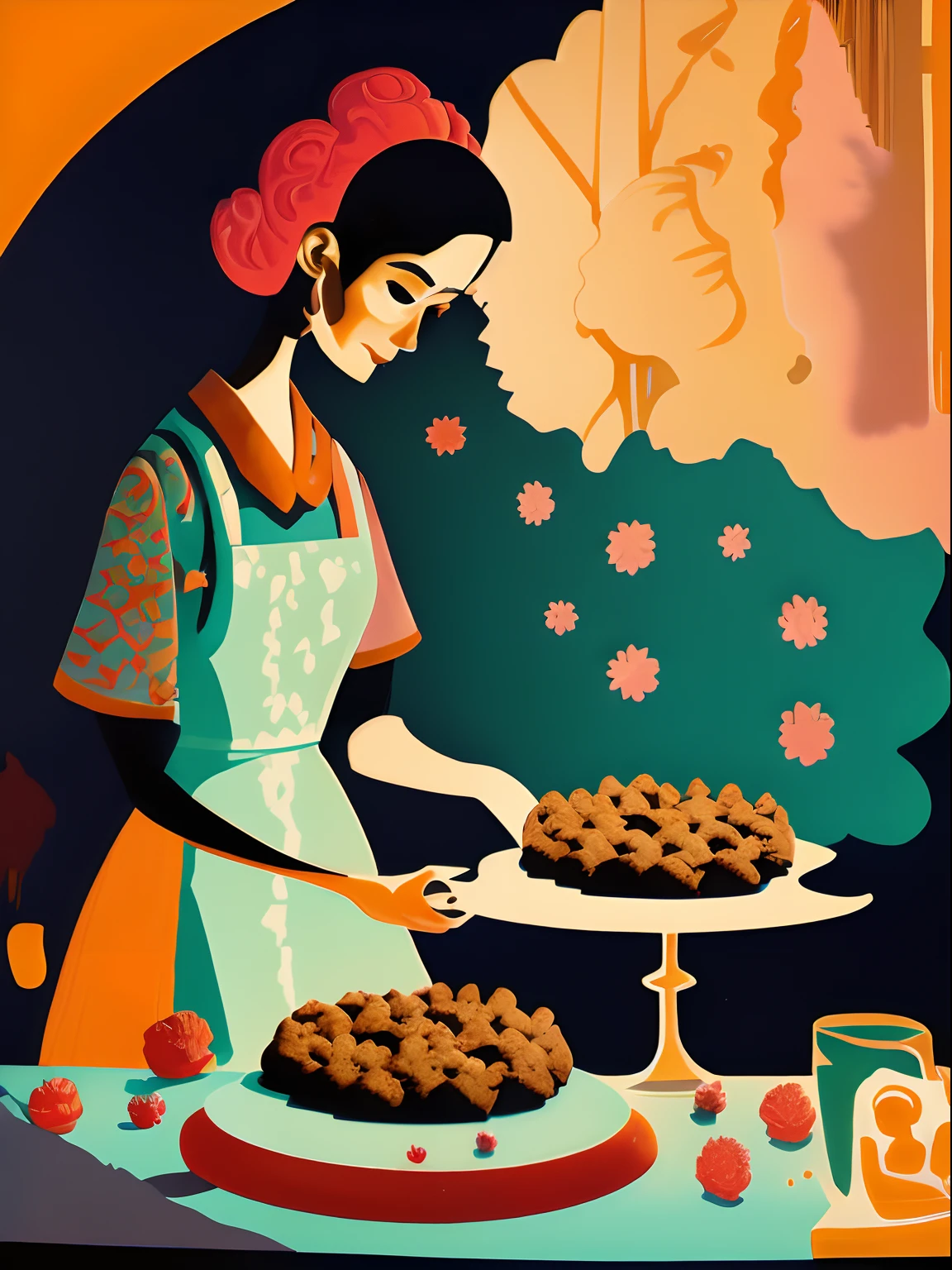 Lotte Reinige Style, a woman baking cookies, colorful