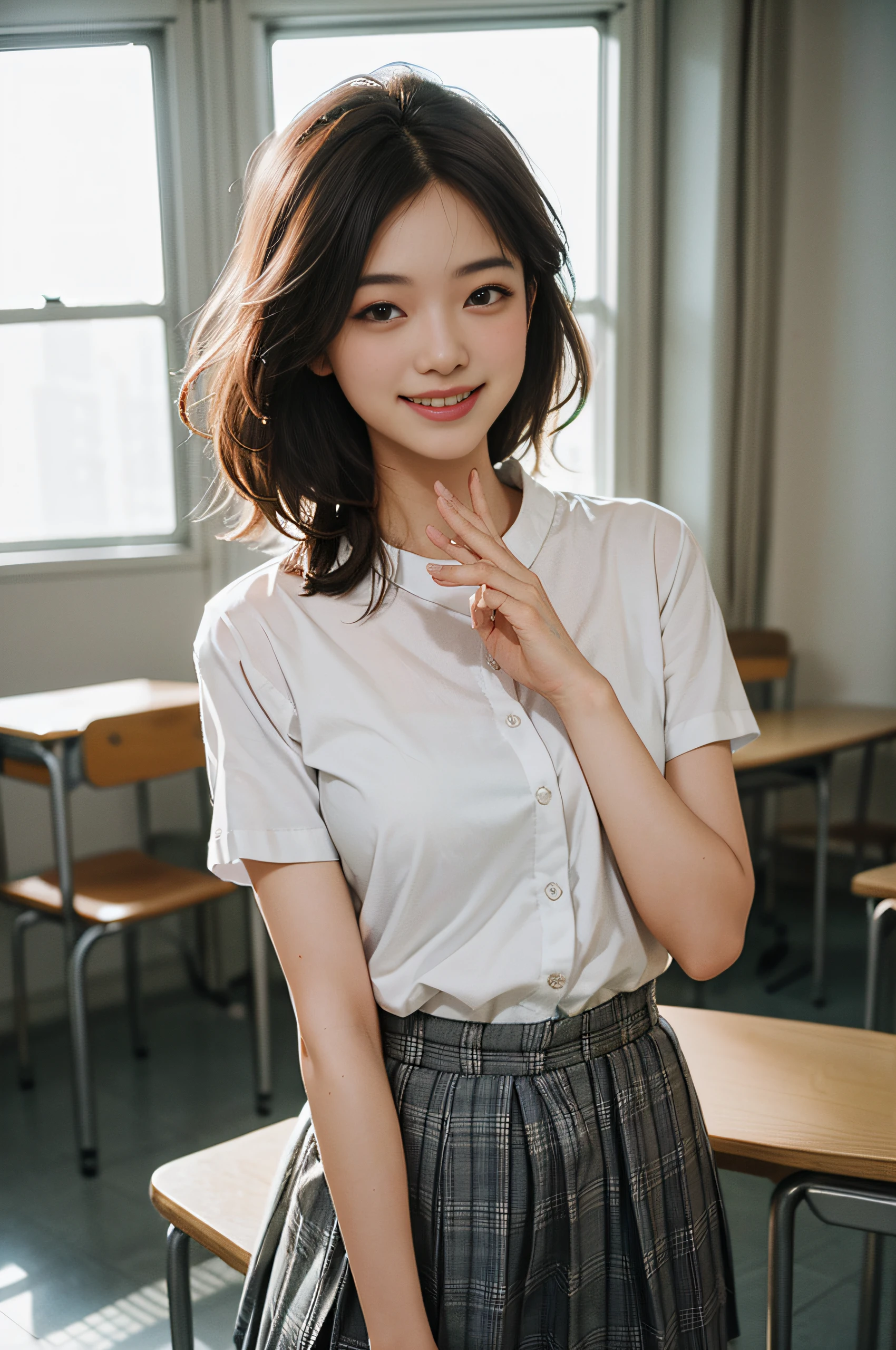 Top quality, 1 beautiful woman, super short Hair, gold hair, wearing  skirt, shy-smile, Sunlight, at school