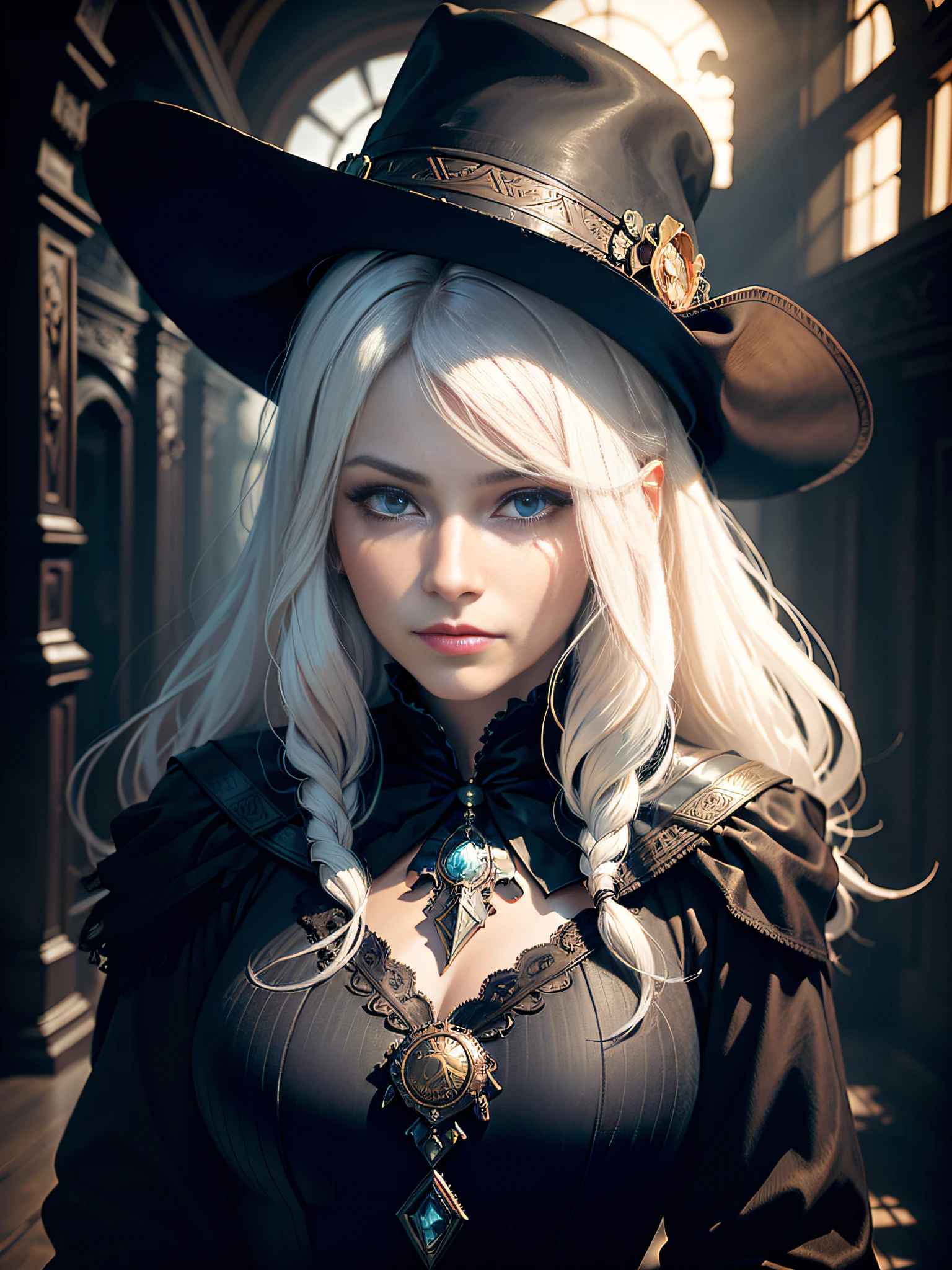 (Surrealist portrait of a woman), (dark fantasy art: 1.6), David Hockney and Alphonse Mucha's style, Amazing realism, Dynamic lighting, 4K resolution, high detailed facial features, Award-winning, Cowboy Shot, (official clothing: 1.4), long, White hair, Deep Shadows.