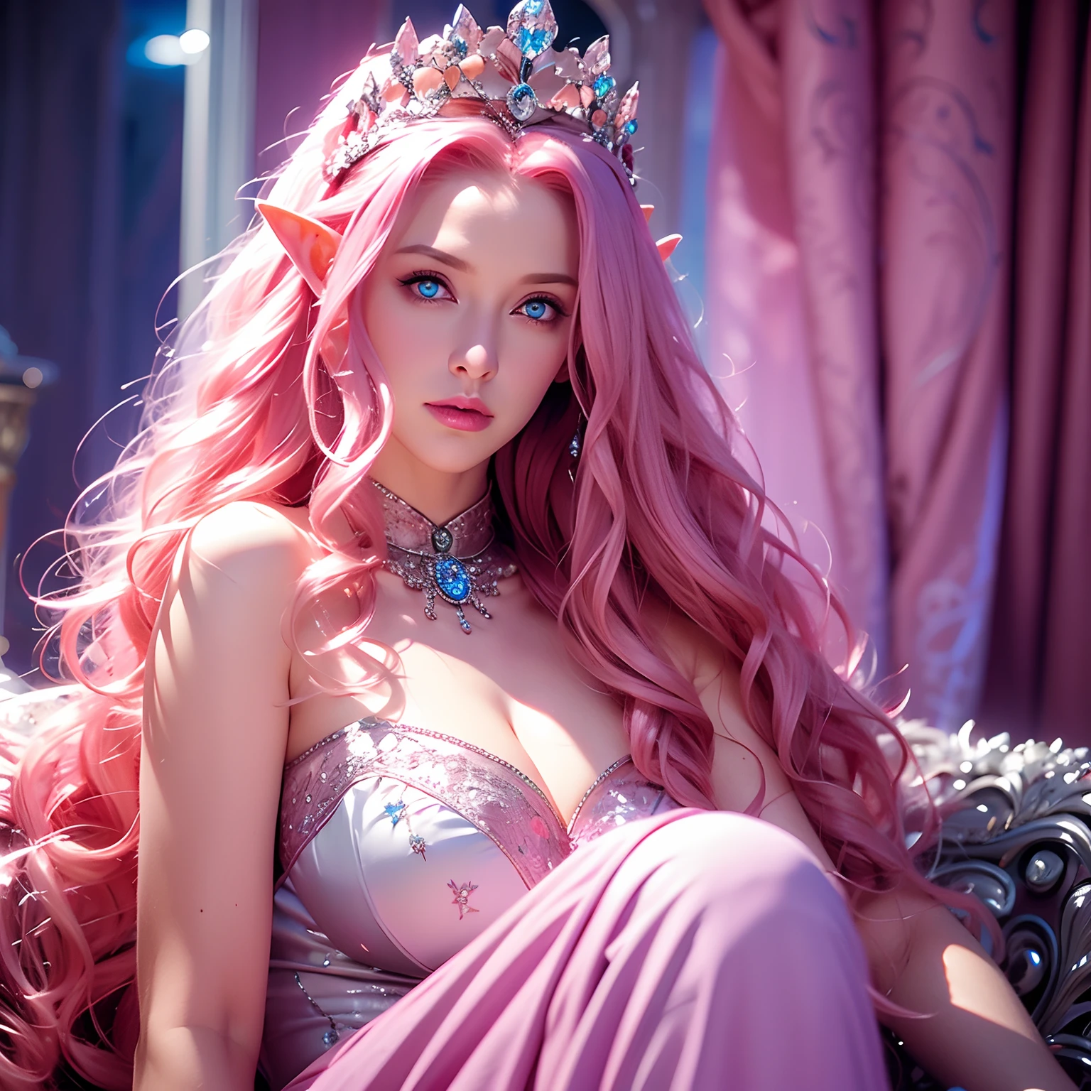 a woman, long curly hair, pink hair, blue eyes, elf, sitting on the throne, Queen, crown, glowing eyes