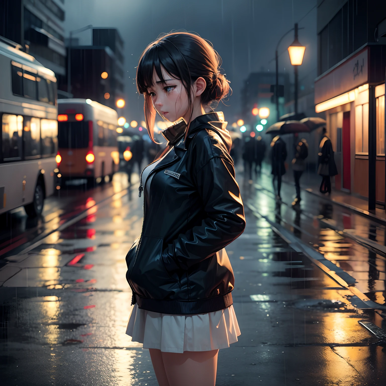 An anime girl standing and crying in the rainy streets at night, near by vehicles and street light