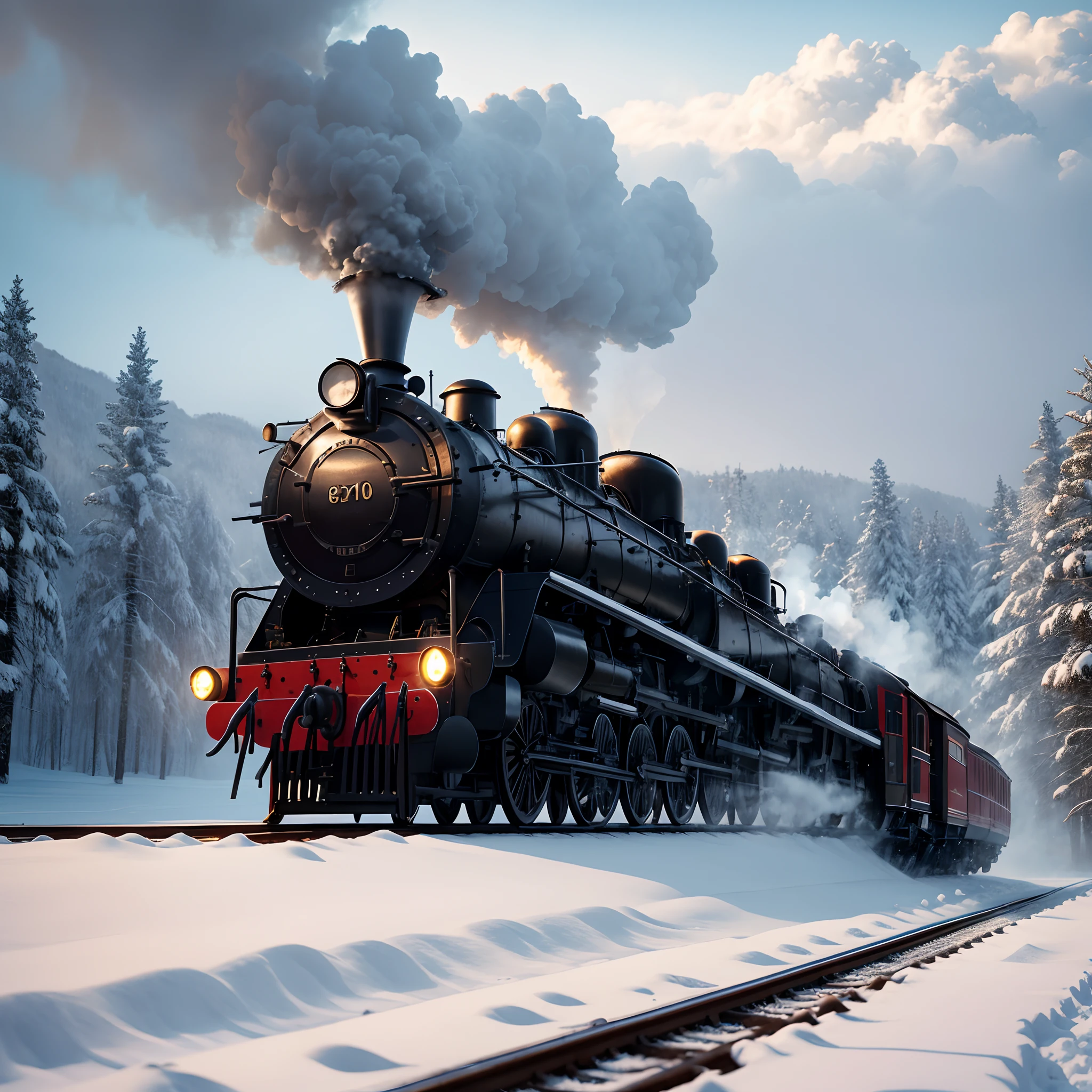 from movie still, masterpiece, super detail, high quality, award winning, 8k, photorealistic, Steam locomotive running on snowy field, In the morning, in winter, cinematic light, field of depth