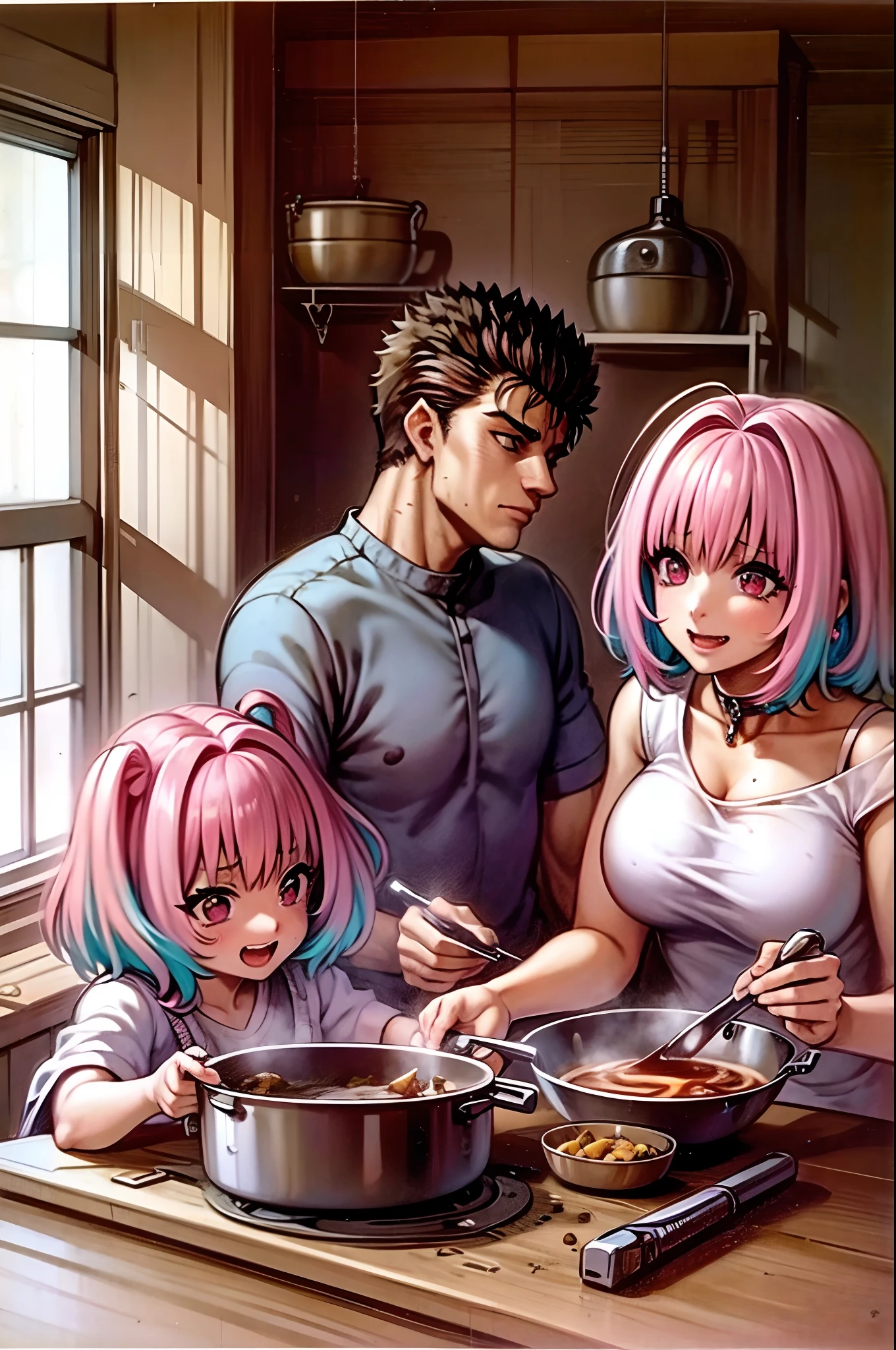 riamu yumemi, guts, couple, husband and wife, riamu motherly, house wife, cooking, mother and son, children , family, happy