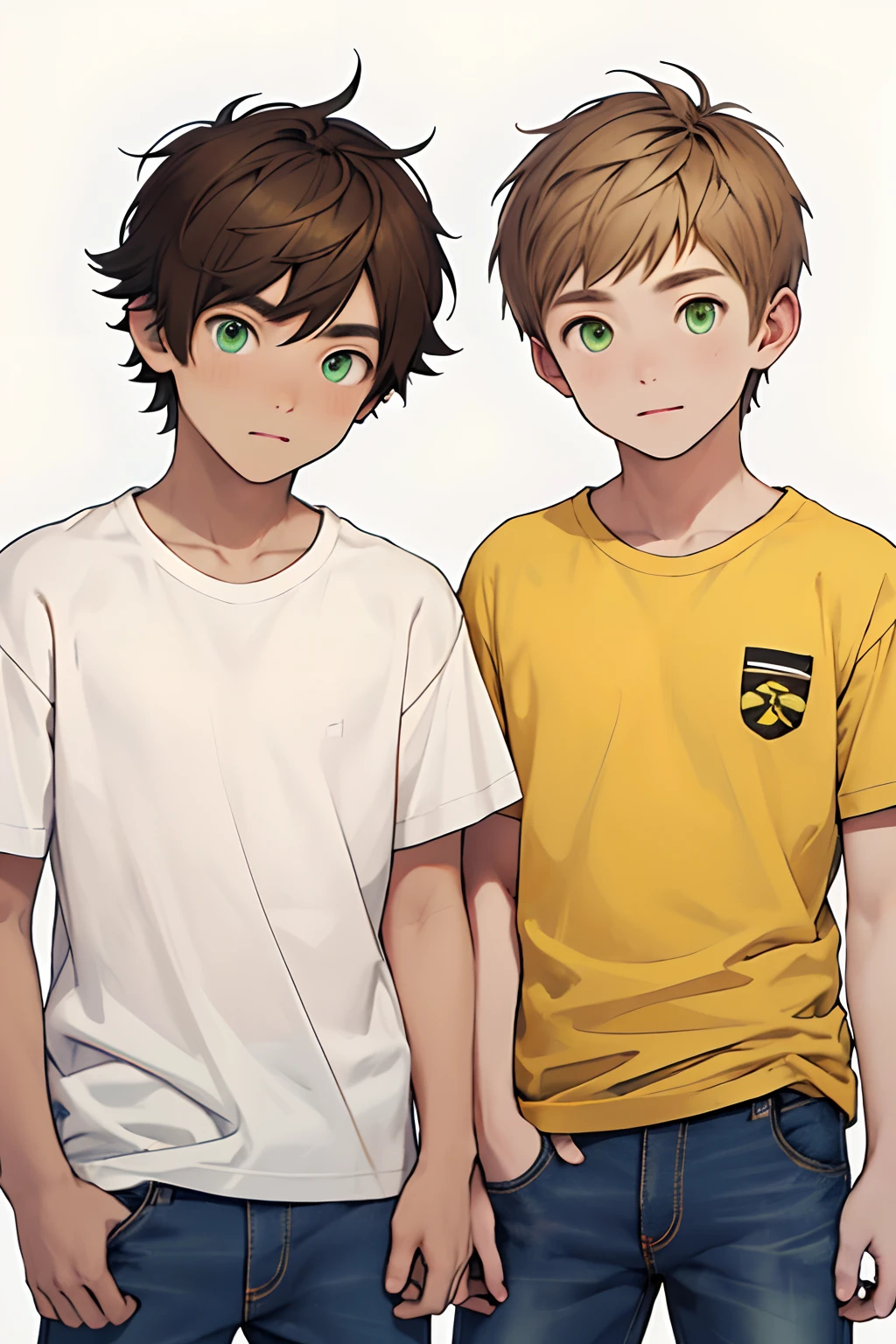 simple background、twinks、Face in the upper right、yellow-green eyes、Brown hair color、short-haired、White T-shirt、jeans、White sneakers、1 persons、12year old