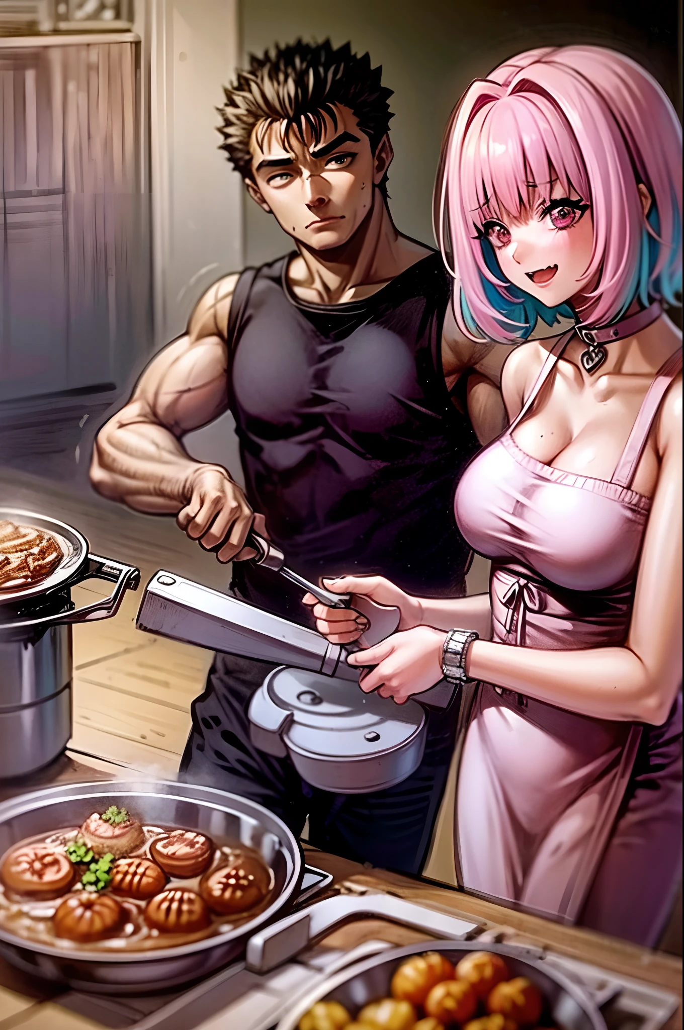 woman next to younger girl ((golden tattoo covering the body:1.4)), flower ribbon, (pink hair), detailed face details, (corpo sexy: 1.4), (curved:1.35),curved physique, 1 girl, Kale, voluptuous, big penis, Show Penis, huge virile penis, huge viril long penis, long penis, massive penis, pink hair, woman next to younger girl