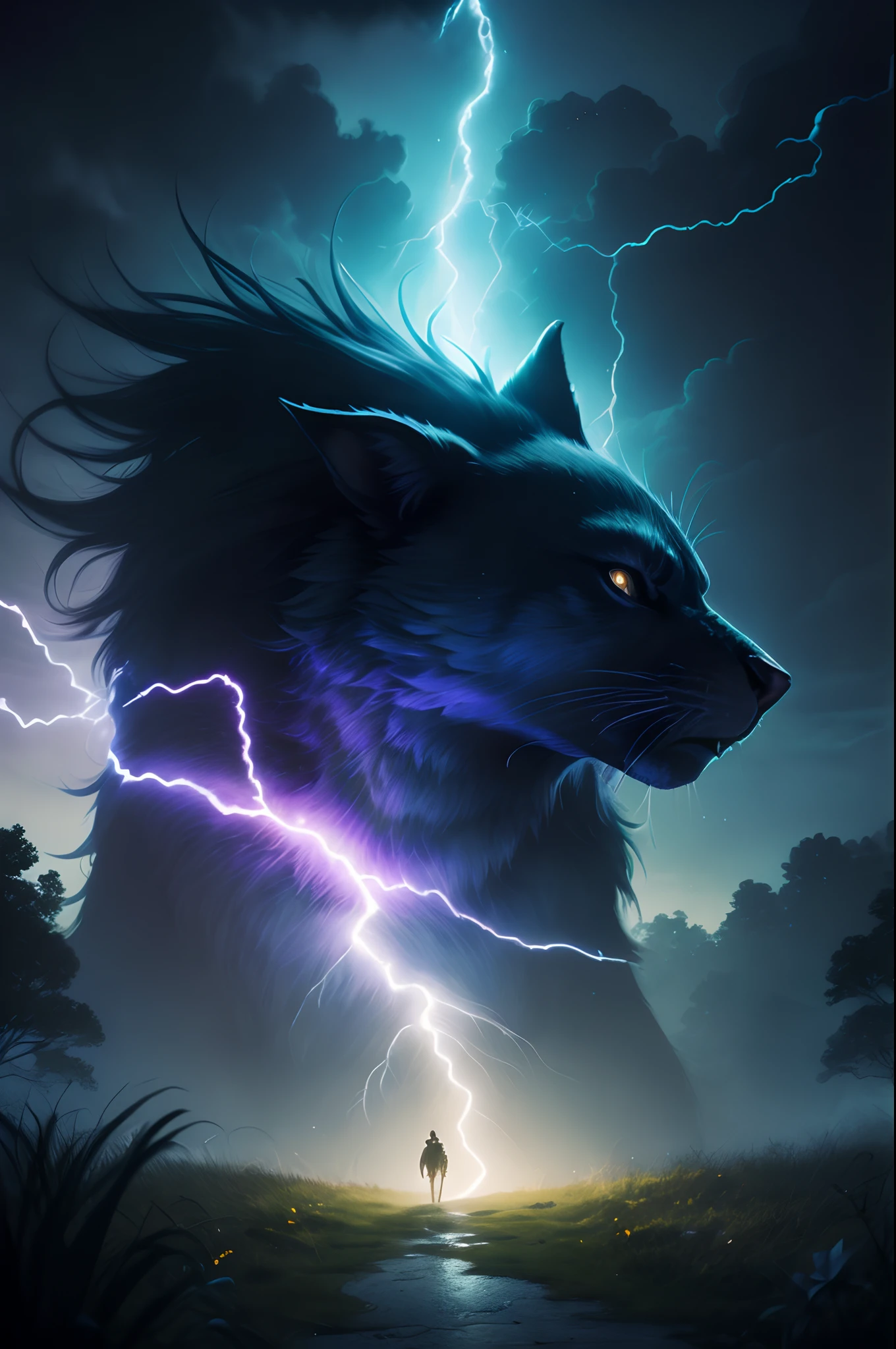 There's a man standing in front of a big cat with lightning sticking out of it, Fenrir, retrato do lobo da fantasia, Detailed lighting and thunder, dramatic cinematic detailed fur, lightning fantasy magic, lobo azul, arte de fantasia peluda, thunders, fractal thunder dan mumford, warrior cats fan art, realistic fantasy illustration, dramatic volumetric lightning, Epic Fantasy Digital Art Style