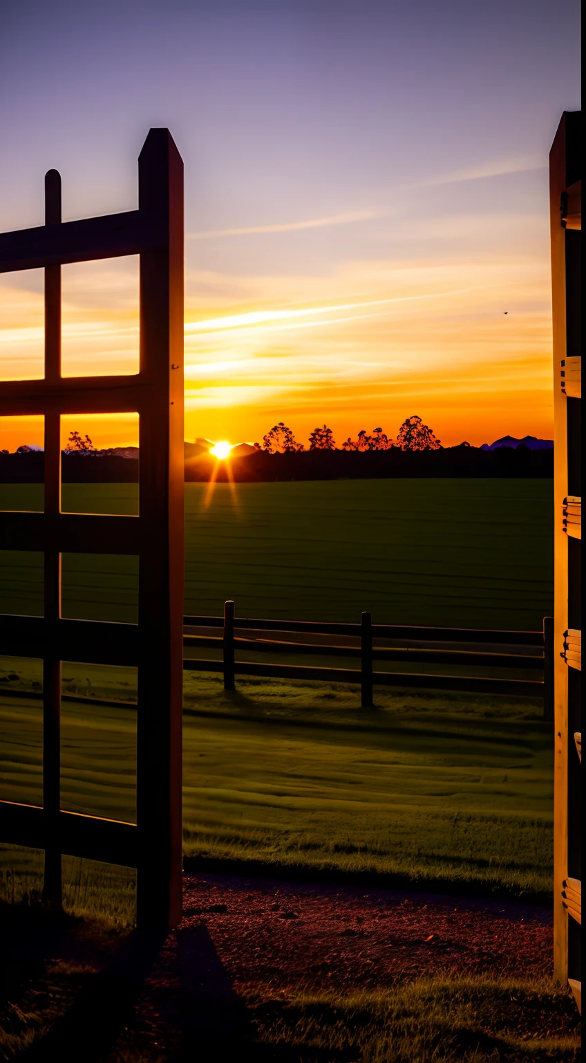 Sunset, evening glow, distant view, realistic, rich colors, beautiful and colorful, wide-angle lens, night shooting, positive film, naturalistic style, high-definition shooting. wooden gate with green pasture with gabo and viola hat