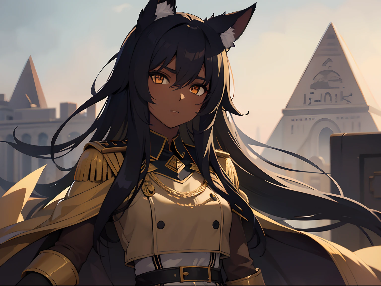1girl, dark skin, black hair, wolf ears, Egyptian, military uniform