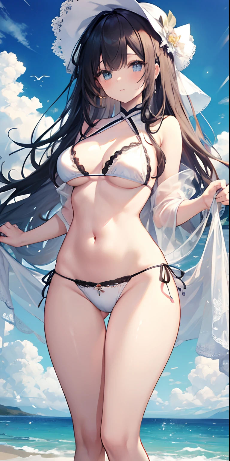 masterpiece（（tmasterpiece））, a woman, very long hair, bangs, locks, strands of hair，（white bikini），（detailed lace on the breasts）），（ultra detailed sea），perfect anatomy，is shy，（ perfect belly）beautiful eyes，thick legs, thick thighs，（seaside）, standing，（facing the sea），Open navel，No shoes, viewer's view