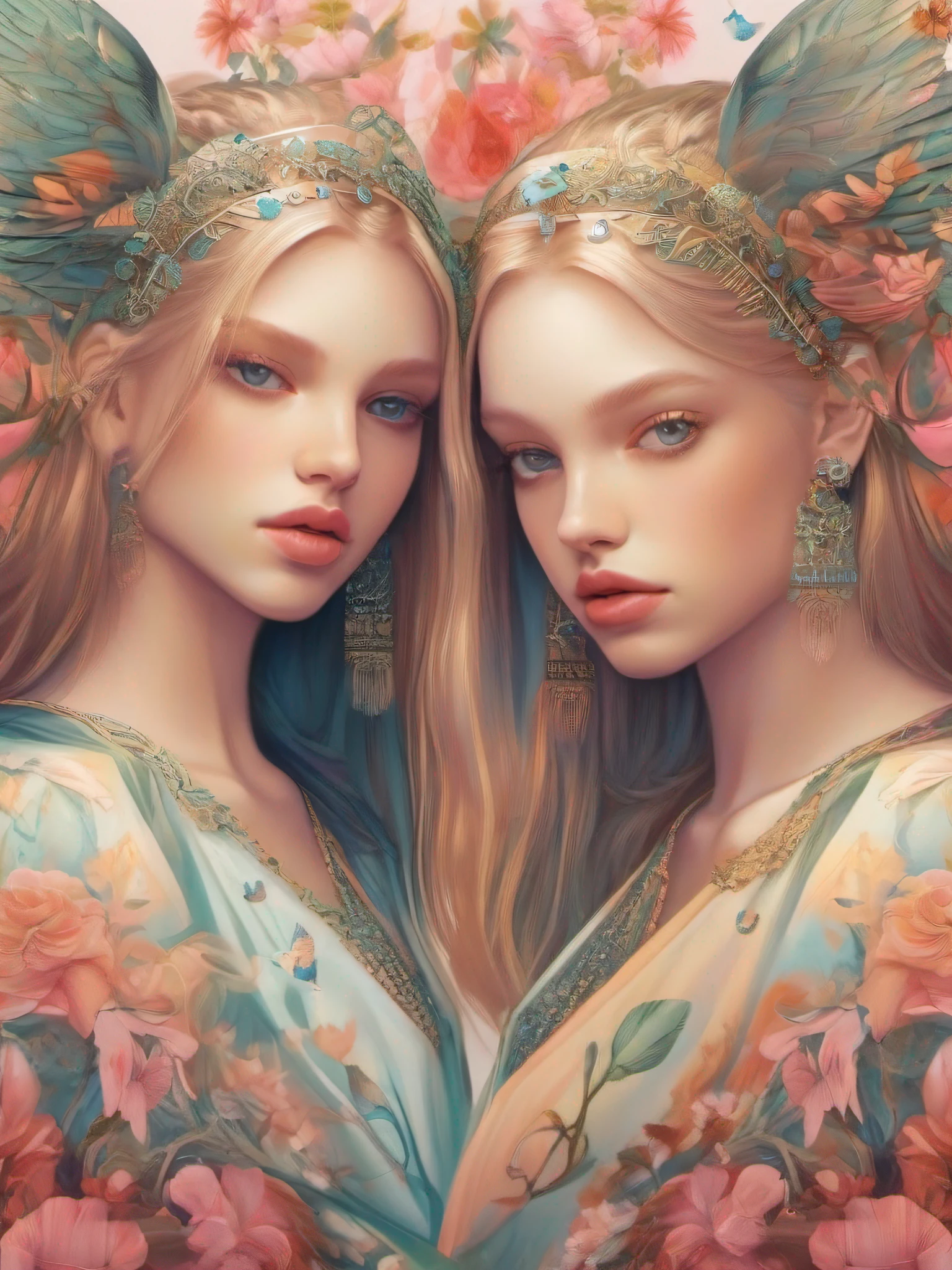 (obra-prima, qualidade superior, Sign of gemini, Melhor, Arte Oficial, Beautiful and Aesthetic:1.2), 1girl, (Arte Pop:1.4), (twins), (Arte Nova:1.1),(gemini)