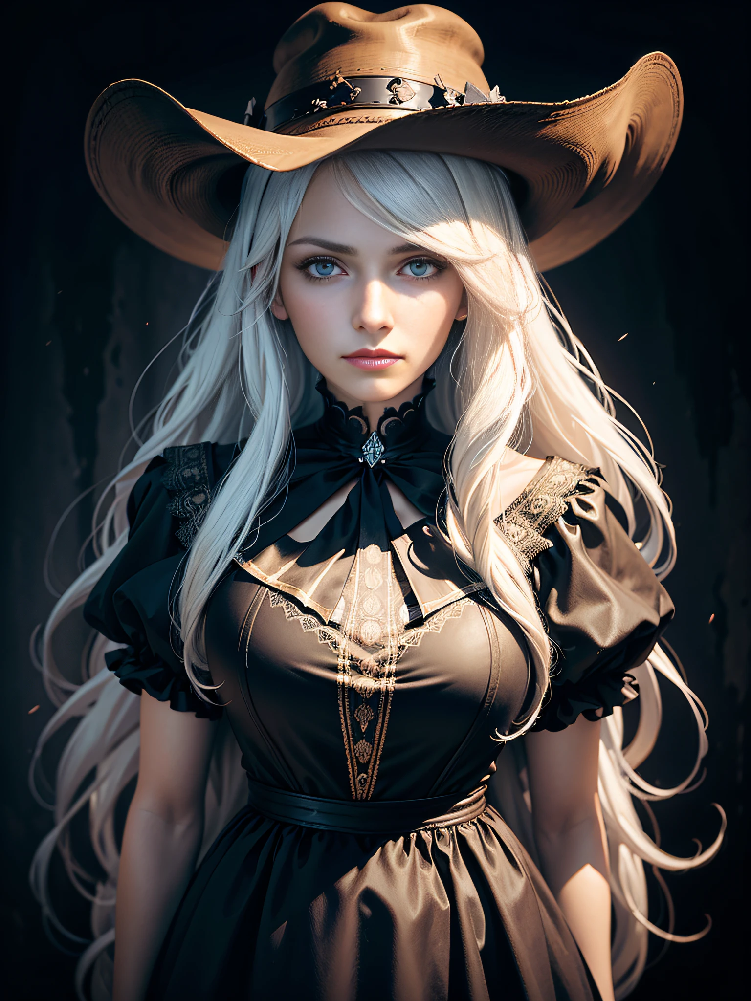 (Surrealist portrait of a woman), (dark fantasy art: 1.6), David Hockney and Alphonse Mucha's style, Amazing realism, Dynamic lighting, 4K resolution, high detailed facial features, Award-winning, Cowboy Shot, (official clothing: 1.4), long, White hair, Deep Shadows.