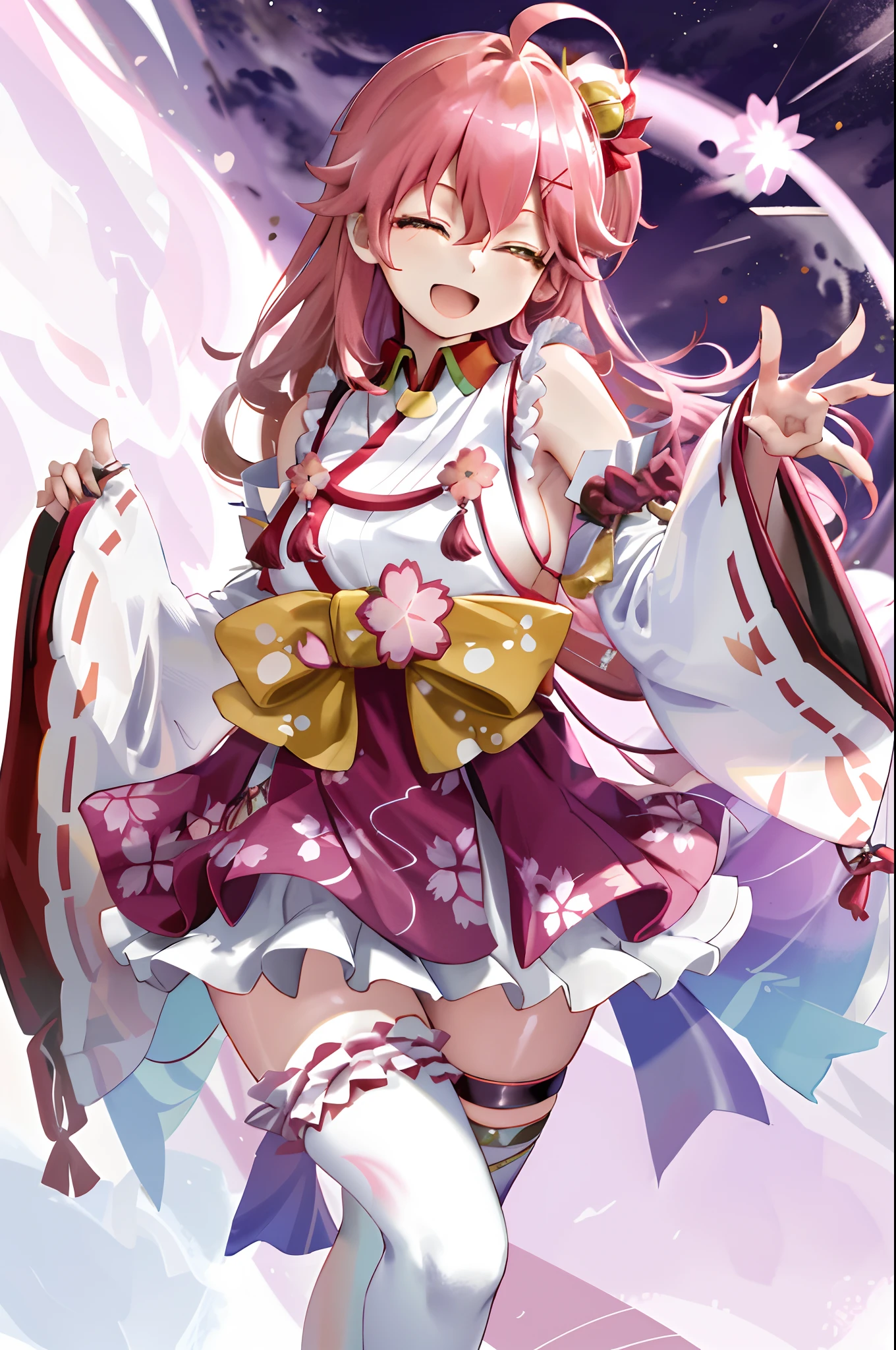 masterpiece, best quality, highres, miko1, sakura_miko, 1girl, green eyes, solo, ahoge, x_hair_ornament, pink_hair, floral print, hairclip, (sideboob:1.4), hair_bell, floral print, long_hair, hair between eyes, one side up, white thighhighs, asymmetrical legwear, wide sleeves, open_mouth,happy,close_eyes, smile,dynamic_posing,rising_leg,plump,apart_legs,