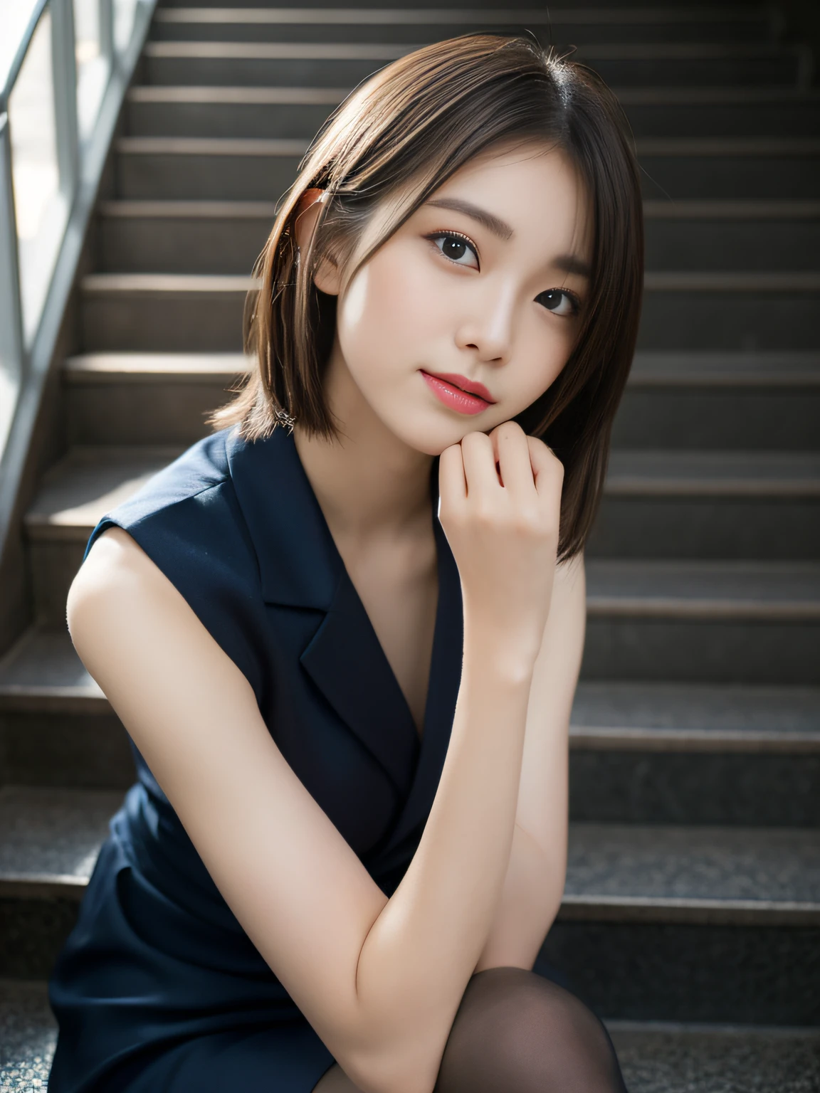 (((32ｋ,high detal,high-detail、​masterpiece,Attention to detail,full body Esbian,独奏))),Raw photo & realistic atmosphere,beautiful dark blue eyes,Detailed mouth,Glossy lips,Detailed eyebrows,Eyes drawn in detail with soft white skin that shines in every detail、azure eyes,Very beautiful eyes,Detailed lips、Very beautiful face,Very well-formed face、Lifelike face,shiny beautiful lips, Realistic Young Gravure Idol, very beautiful school girl, ,Moderately beautiful, Young Sensual Gravure Idol, Young Gravure Idol, Beautiful, Cute and sexy１5 year old schoolgirl,the whole body is wet,dripped out,with a flushed face,Incredibly beautiful１5-year-old girl,short-cut,Brown shiny hair,Hair is wet,Dripping water,dripping,Crouching on the stairs with your legs open,（Black pantyhose,Beautiful fece,Looking at the camera：1.4）,（Cross your legs in black pantyhose,The chest of the uniform is open,darkness,Very dark,Pitch-black staircase without street lights,Illuminate the subject with a flashlight,spot light：1.7）,（A sexy,Slightly chubby,High Detail Hi-Vision Hi-Vision Japan Hi-Vision Girl Uniform,well-shaped breasts,,Mature body, I'm anxious and about to cry,Moist eyes,cold smile,glareing,The glaring face is also beautiful：1.5）,（Open your legs randomly：1.7）