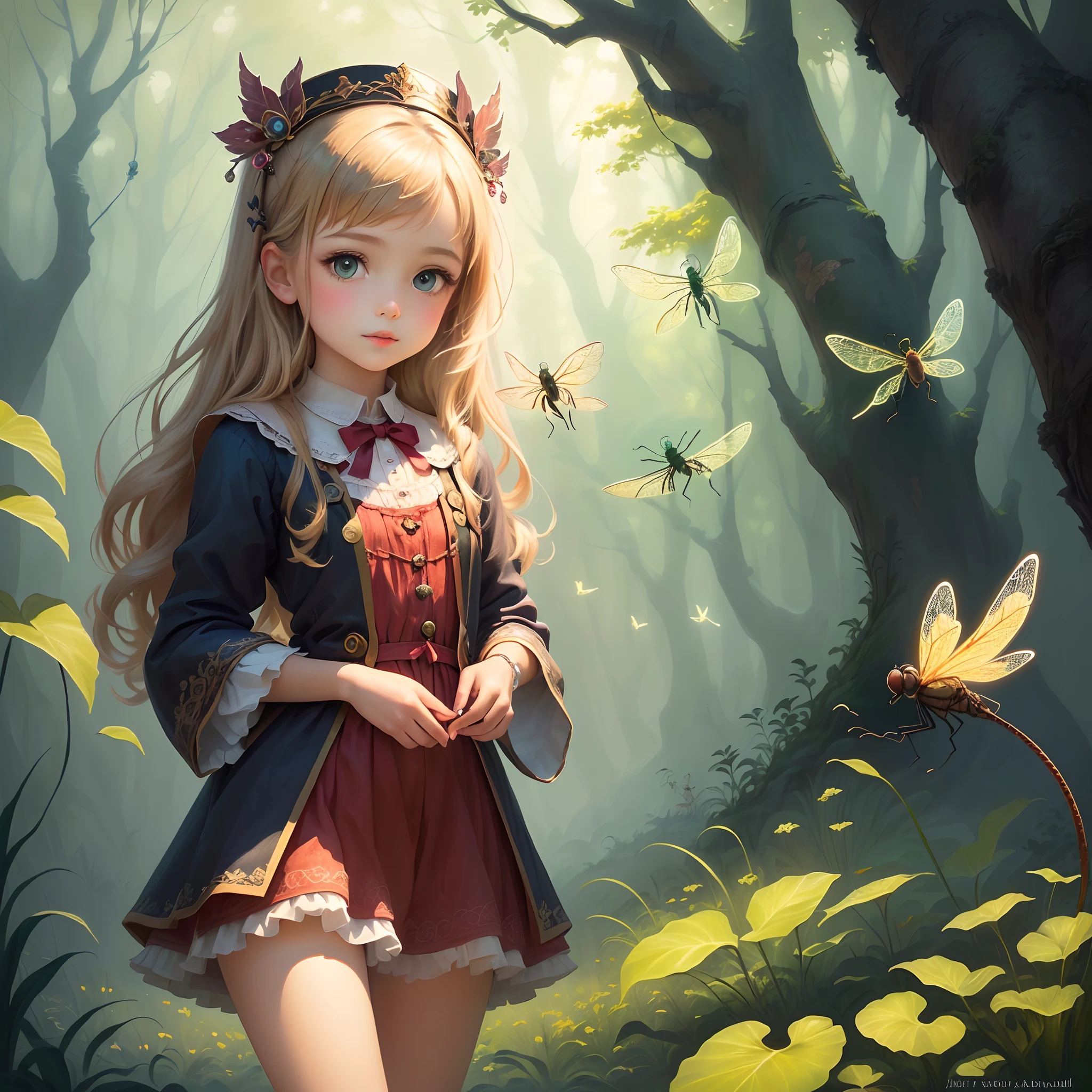 create an enchanting illustration of a girl accompanied by an enchanting dragonfly in a very detailed magical setting