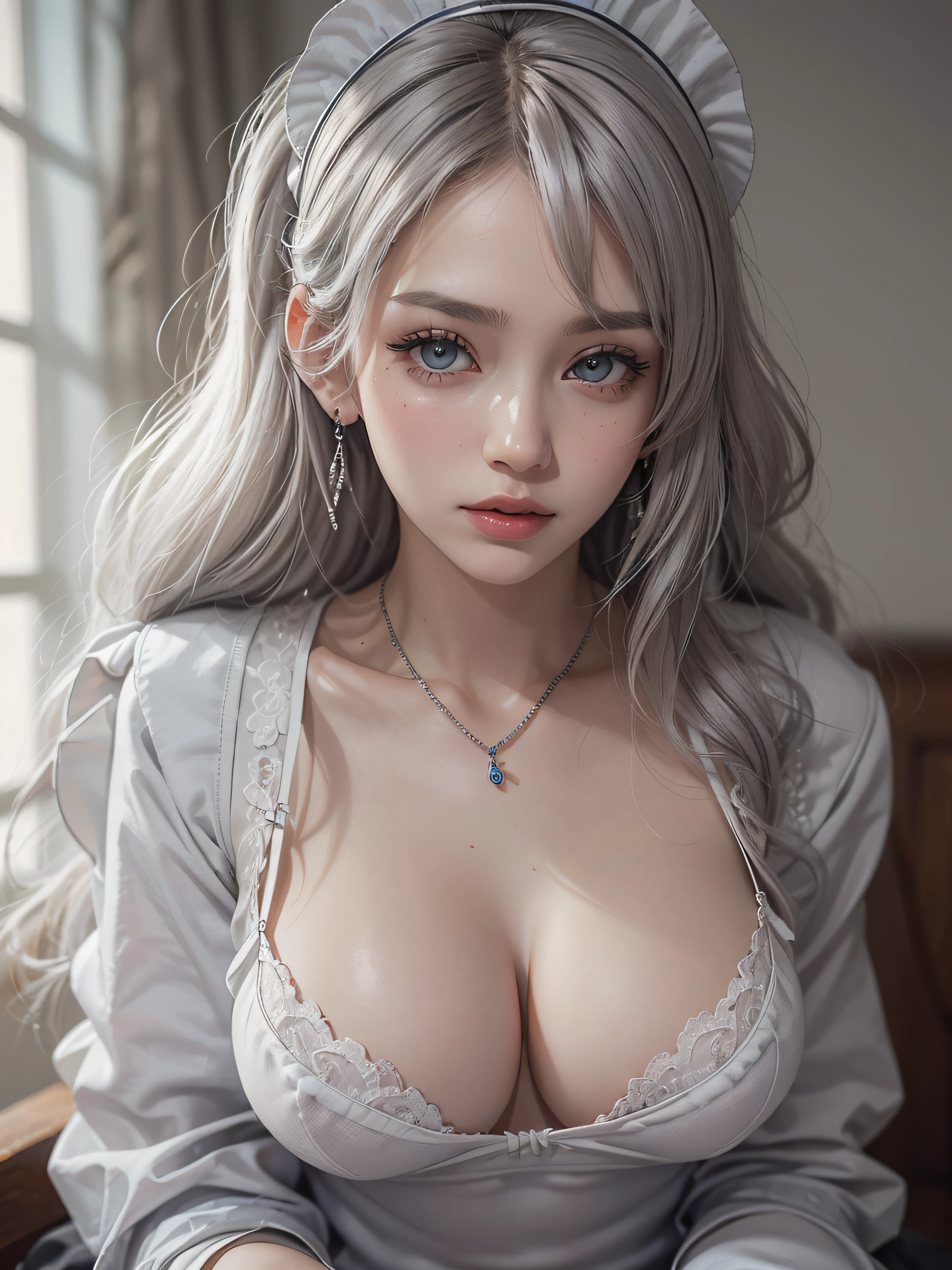 (masutepiece: 1.3), (max resolution: 1.2), (Ultra HDTV: 1.2), cinematric light, 8K resolution,
Detailed eyes and skin, detailed facial features, , (Sharp Focus: 1.2), (Focus on Face:1.2),Perfect Style, Beautiful face, acurate, Anatomically correct, Highly detailed face and skin texture, Detailed eyes, Double eyelids, Thin eyebrows, Glitter Eyeliner: 1 Natural cheeks, Glossy skin, Fair skin: 1.2, (Glossy lips: 1.4),、 (Shy look: 1.2),Highly detailed facial and skin texture, Detailed eyes, Double eyelids, Natural cheeks, , shiny lips: 1.4,Exposed cleavage、(A large amount of sperm in the chest:1.4)(Large amount of sperm in the thighs:1.2)、
red blush、humiliated、impatience、dismay、Frightened、glares、Tears、embarrassed from、Open knees、open one's legs、Masturbation behavior、masturbation、rubbing the genitals with fingers,,,,,,,,,,,,,,,,,,,,,,,,,,,,,,,,,,,,、
White underwear、White bra、Shiny little earrings and necklaces、、Disheveled clothes、Dressing、Exposed panties、Wearing sweat、sodden、Sheer underwear、
25 years old, femele 、 Big, upturned breasts, Sitting in bed, deep in the night、Bedroom,White-silver hair、Blue-gray eyes、(maid clothes:1.6)、
