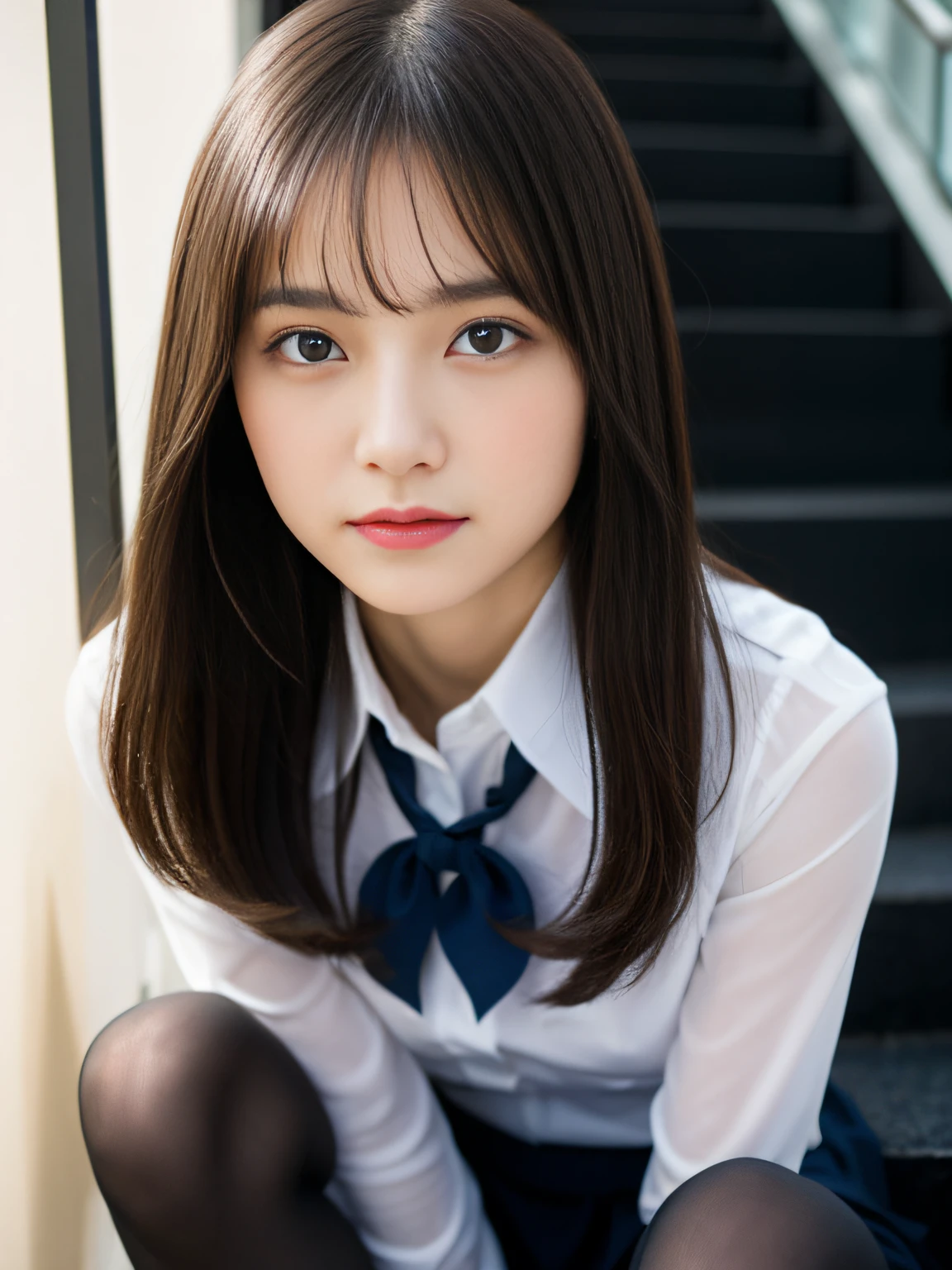 (((32k,high detal,high-detail、masterpiece,Attention to detail,full body Esbian,独奏))),Raw photo & realistic atmosphere,beautiful dark blue eyes,Detailed mouth,Glossy lips,Detailed eyebrows,Eyes drawn in detail with soft white skin that shines in every detail、azure eyes,Very beautiful eyes,Detailed lips、Very beautiful face,Very well-formed face、Lifelike face,shiny beautiful lips, Realistic Young Gravure Idol, very beautiful school girl, ,Moderately beautiful, Young Sensual Gravure Idol, Young Gravure Idol, Beautiful, Cute and sexy15 year old schoolgirl,the whole body is wet,dripped out,with a flushed face,Incredibly beautiful15-year-old girl,short-cut,Brown shiny hair,Hair is wet,Dripping water,dripping,Crouching on the stairs with your legs open,(Black pantyhose,Beautiful fece,Looking at the camera:1.4),(Cross your legs in black pantyhose,The chest of the uniform is open,darkness,Very dark,Pitch-black staircase without street lights,Illuminate the subject with a flashlight,spot light:1.7),(A sexy,Slightly chubby,High Detail Hi-Vision Hi-Vision Japan Hi-Vision Girl Uniform,well-shaped breasts,,Mature body, I'm anxious and about to cry,Moist eyes,cold smile,glareing,The glaring face is also beautiful:1.5),(Open your legs randomly:1.7)