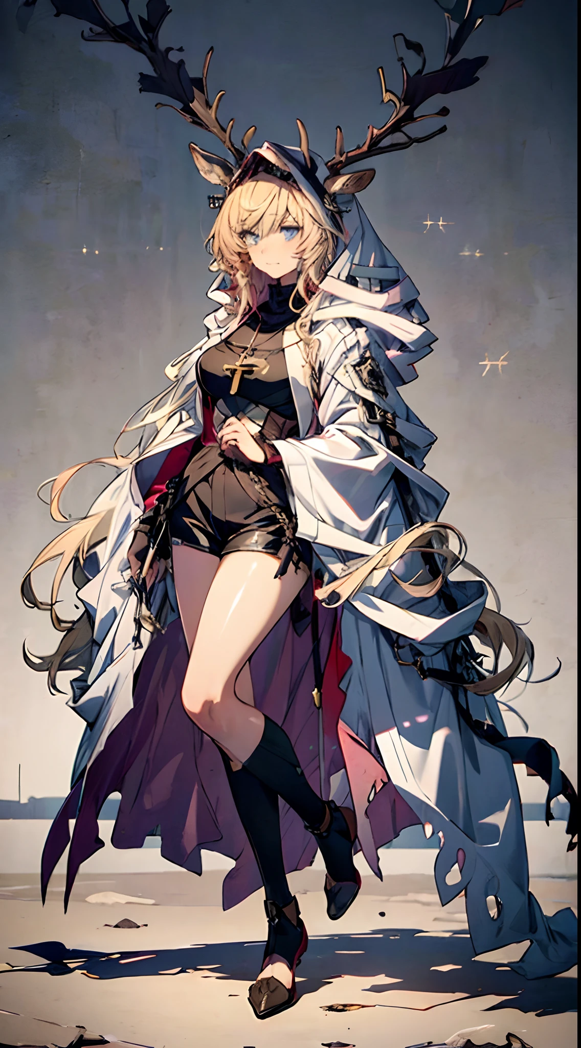((((tmasterpiece)),((((best qualtiy))),(CharacterDesignSheet,Same role,frontage,Lateral face,on back),Full body illustration,1 girl with a sword,deer ear,Deer tail,Hair color,By bangs,hairstyle fax,The eye,environment change scene, hairstyle fax,Golden hair,blue color eyes,Long sleeves cover hands,Black shorts,bandagens,Cross necklace,tiese,Shawl,Black turtleneck top, Catholic, seraphim, chies, angelicales, crosses, Hair bangs, (simplebackground, white backgrounid: 1.3), --6