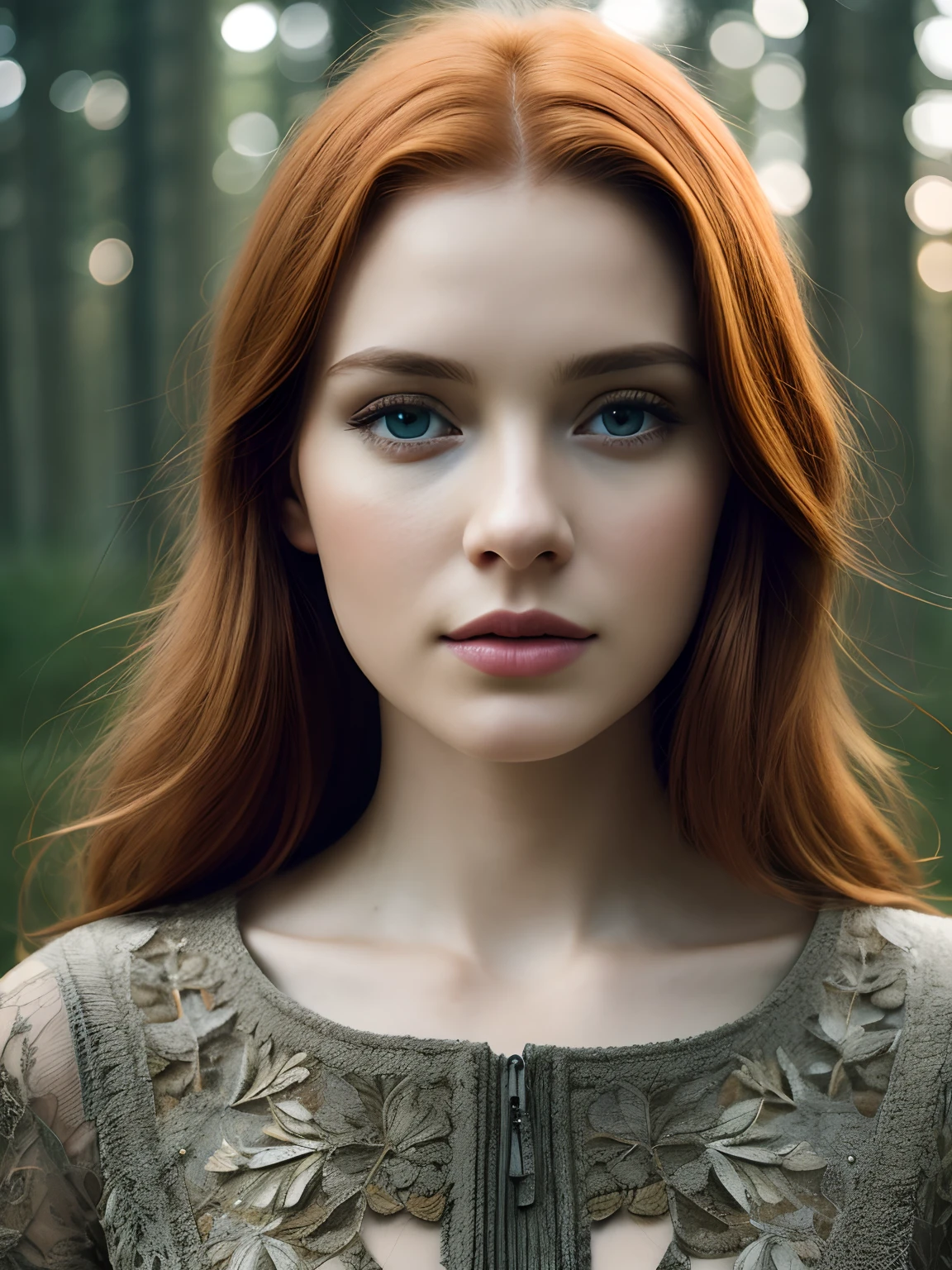 close up of a european woman, ginger hair, winter forest, natural skin texture, 24mm, 4k textures, soft cinematic light, RAW photo, photorealism, photorealistic, intricate, elegant, highly detailed, sharp focus, ((((cinematic look)))), soothing tones, insane details, intricate details, hyperdetailed, low contrast, soft cinematic light, dim colors, exposure blend, hdr, faded