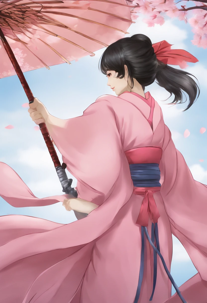 Woman in pink dress with stick and pink umbrella, fox nobushi holding a naginata, inspired by Nishikawa Sukenobu, Nico Robin, from sengoku period, she is holding a katana sword, fox nobushi, Haruno Sakura, inspired by Kusumi Morikage, from one piece, rumiko、Kimono from the Taisho era、female student