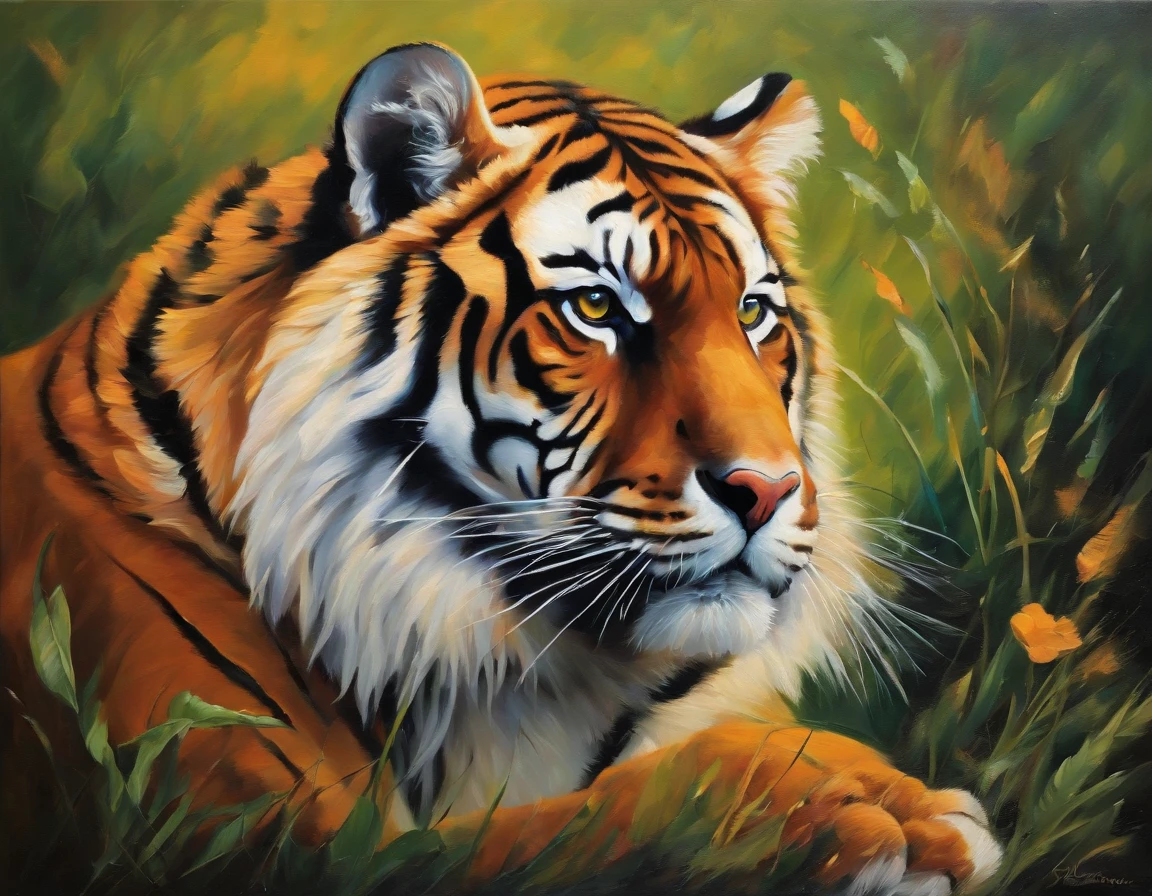 "An abstract oil painting of a majestic tiger."